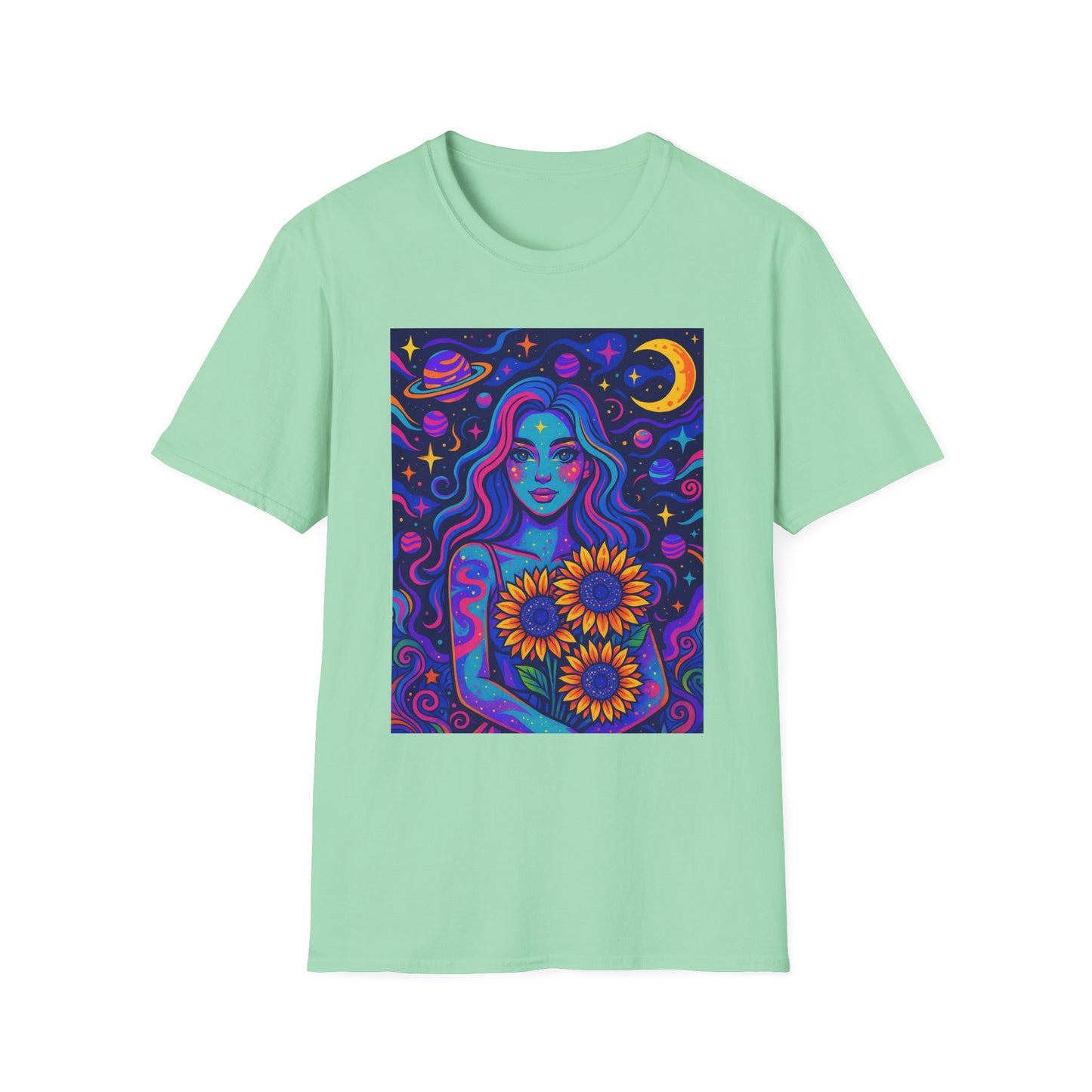 Psychedelic Sunflower Girl Shirt Trippy Space Goddess Tee Gift for Astrology Lovers Cosmic Art T Shirt for Hippies Star Gazers and Moon Magic Fans