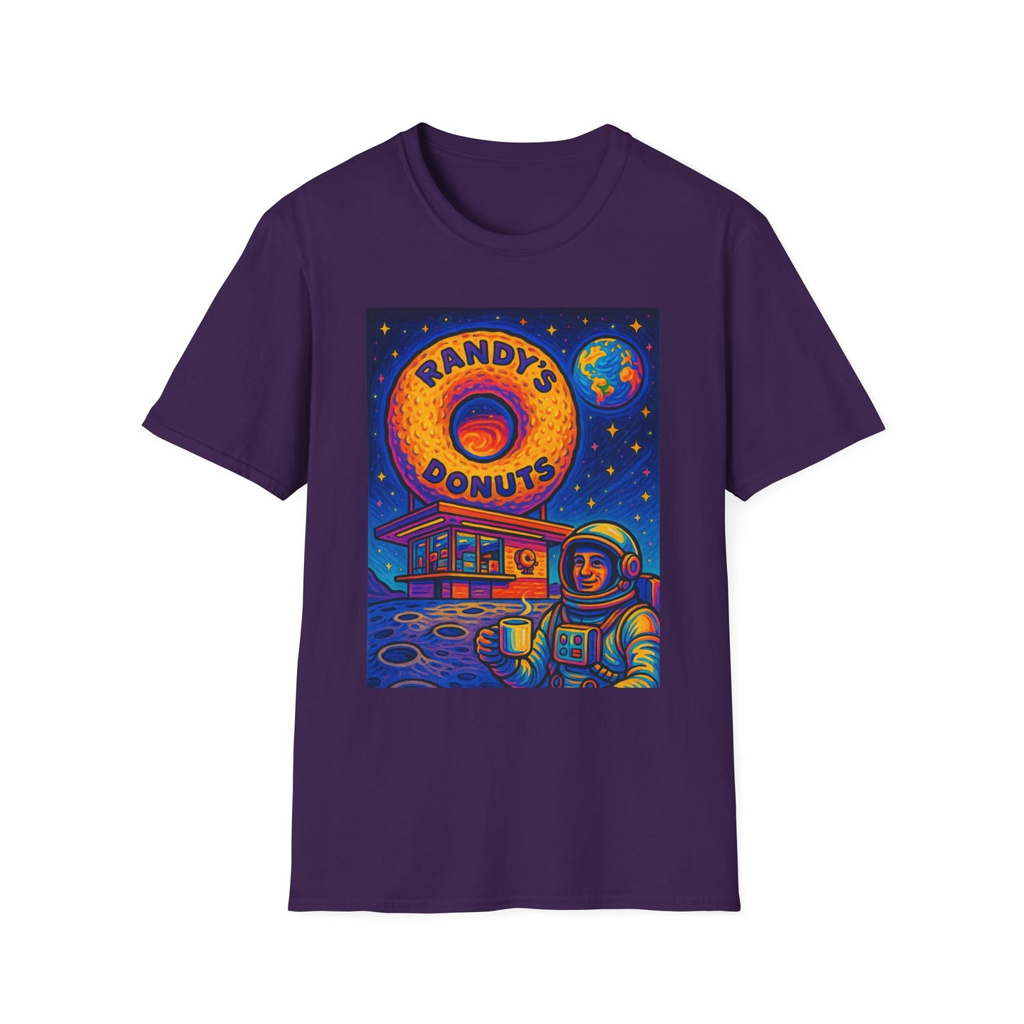 Space Donut T-Shirt – Retro Sci-Fi Astronaut Holding Coffee on the Moon – Gift for Foodies, Dreamers, and Outer Space Humor Fans