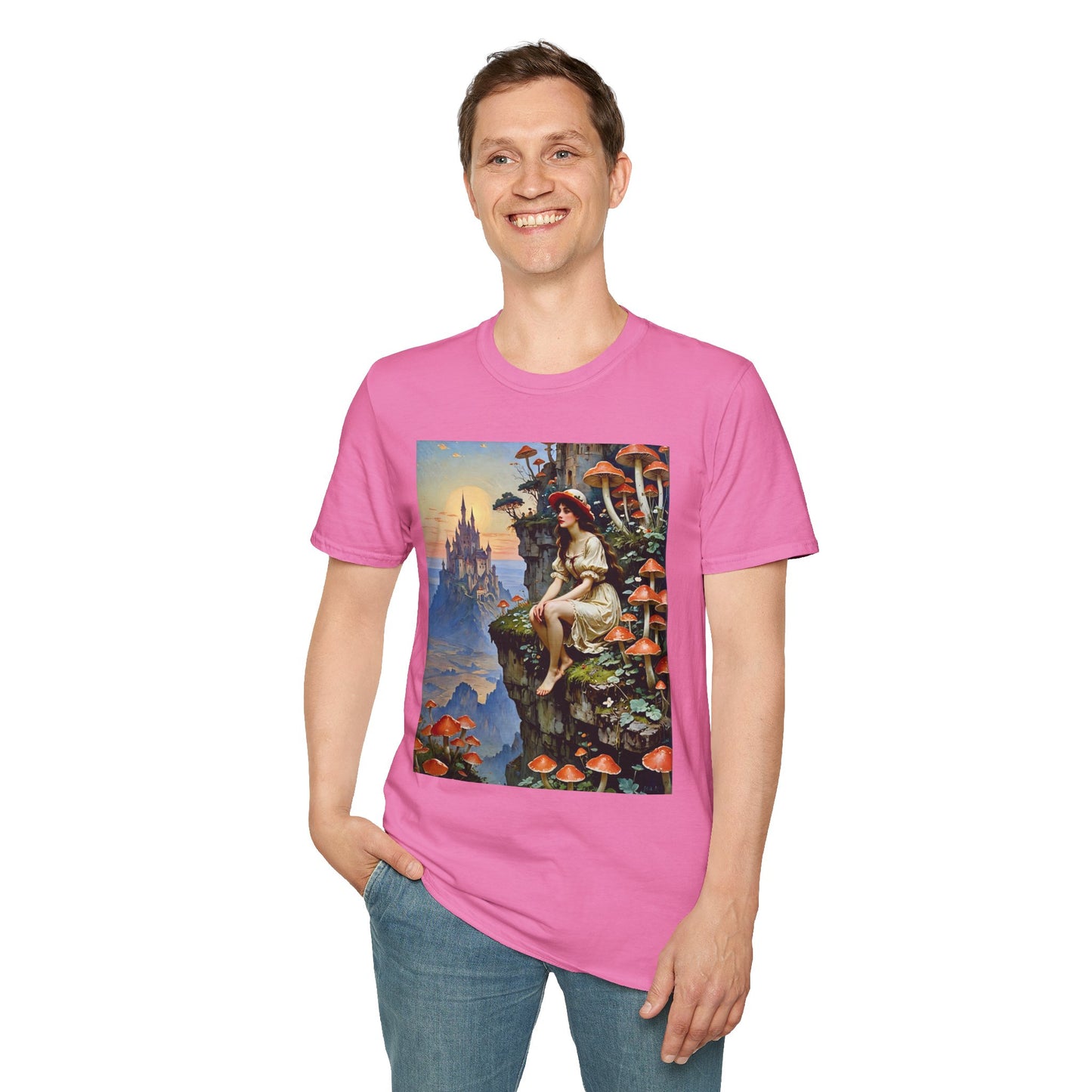Fantasy Mushroom Fairy T-Shirt Enchanted Castle Cliffside Tee Surreal Magic Art Shirt Gift for Fantasy Fans Gift for Dreamers Psychedelic Nature Tee