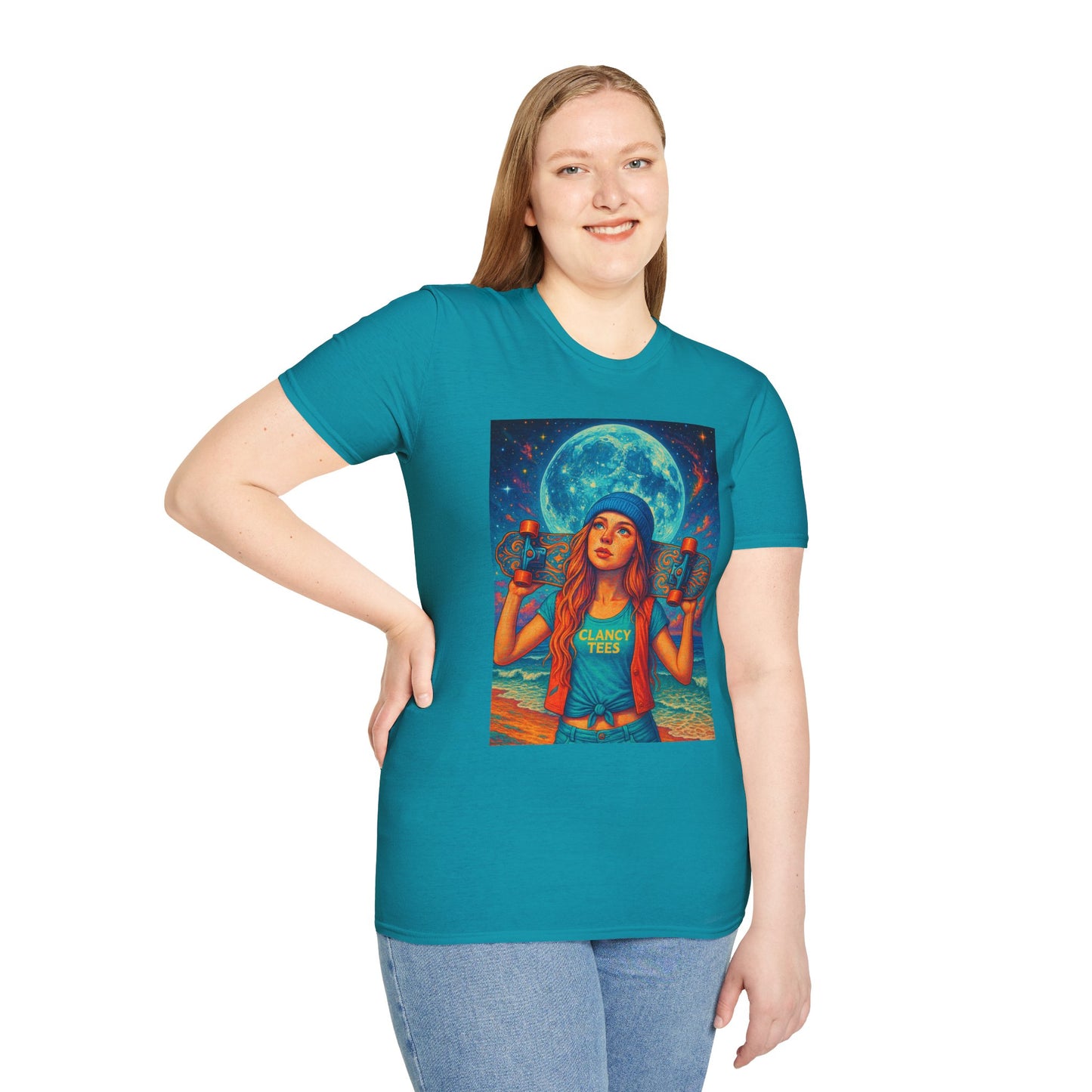 Bohemian Skater Girl Graphic Tee, Unisex T-Shirt with Moon & Nature Design, Perfect for Festivals, Gift for Nature Lovers, Summer Vibes, Casual Wear
