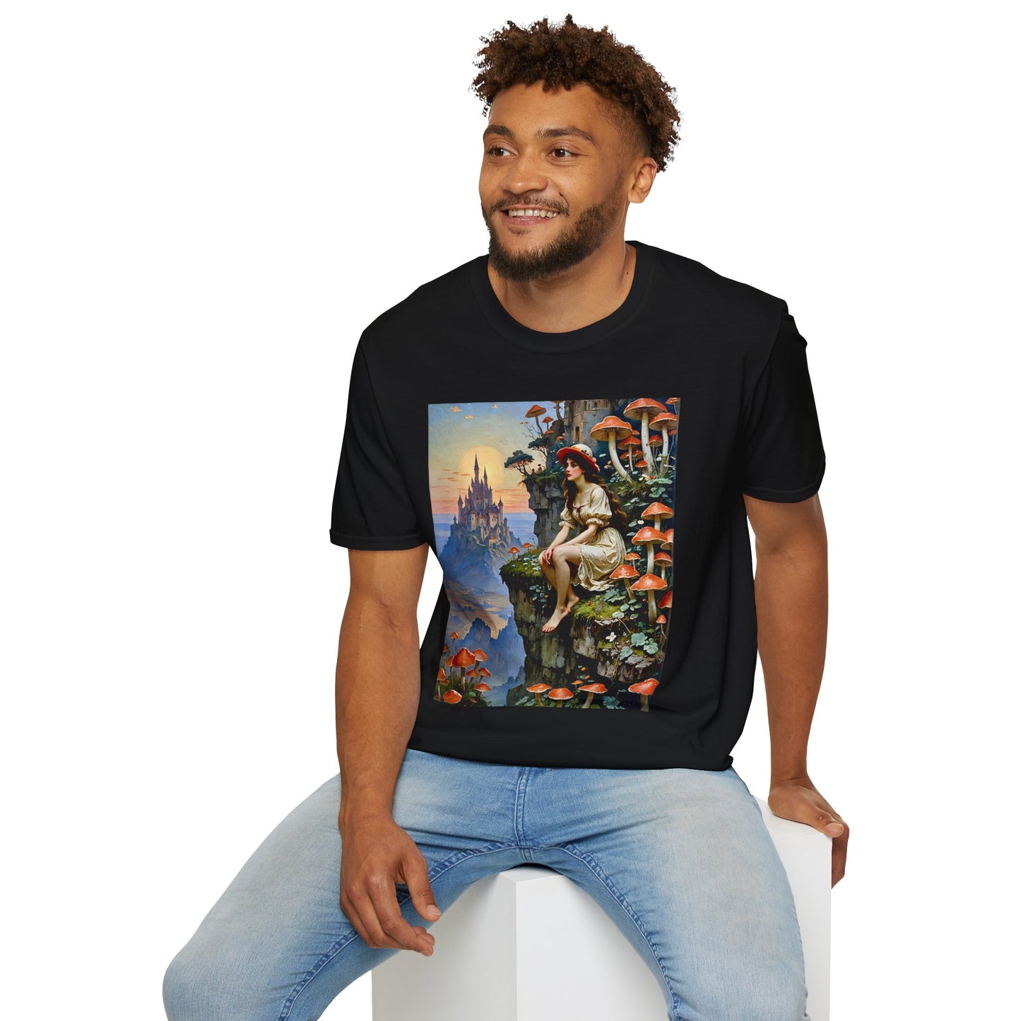 Fantasy Mushroom Fairy T-Shirt Enchanted Castle Cliffside Tee Surreal Magic Art Shirt Gift for Fantasy Fans Gift for Dreamers Psychedelic Nature Tee