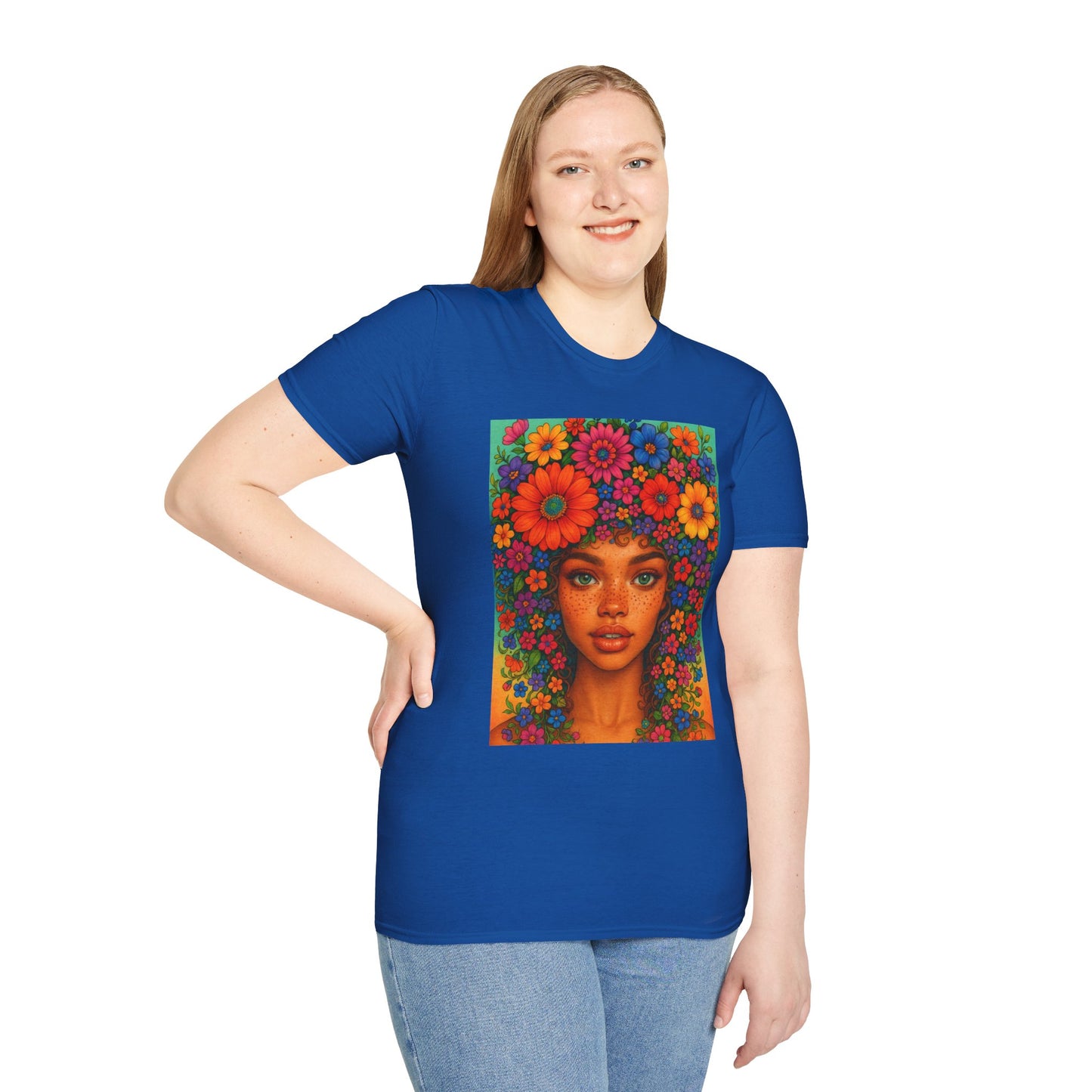 Flower Crown Woman T-Shirt – Afro Boho Floral Portrait Tee – Vibrant Art Shirt Gift for Nature Lovers, Hippies, Artists, and Bold Aesthetic Queens