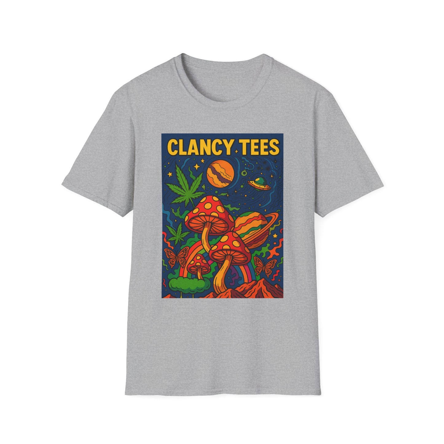Trippy Mushroom Graphic T Shirt Psychedelic Space Art Tee Cosmic Fungi Illustration Unisex Softstyle Gift for Stoner Friends Gift for Psychedelic Fans