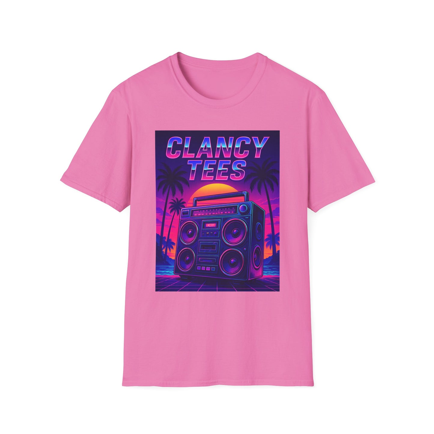 Retro Boombox Sunset Tee – Vaporwave Clancy Tees Shirt – Gift for 80s Kids, Music Lovers, Synthwave Fans & Nostalgic Neon Dreamers