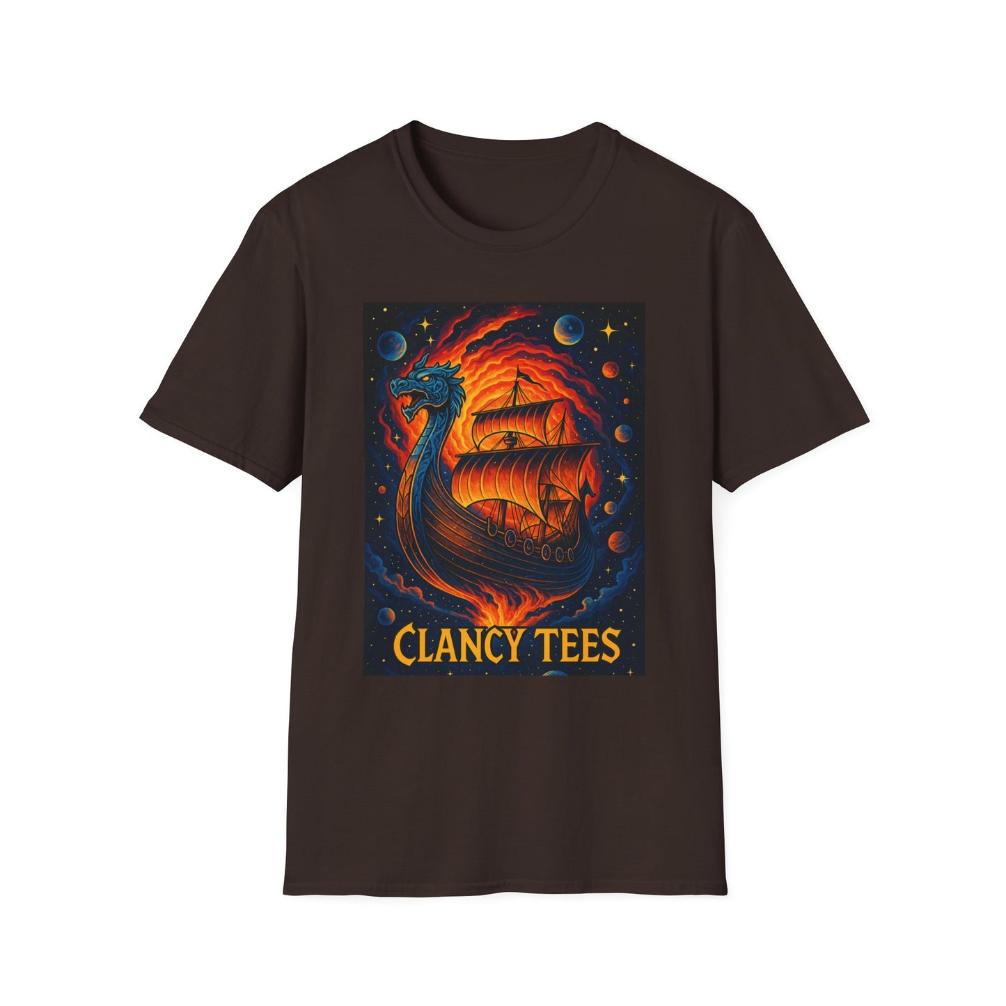 Viking Ship Dragon Shirt – Trippy Norse Mythology Tee with Fiery Cosmic Art – Bold Fantasy Graphic – Gift for Myth Lovers and Warrior Souls