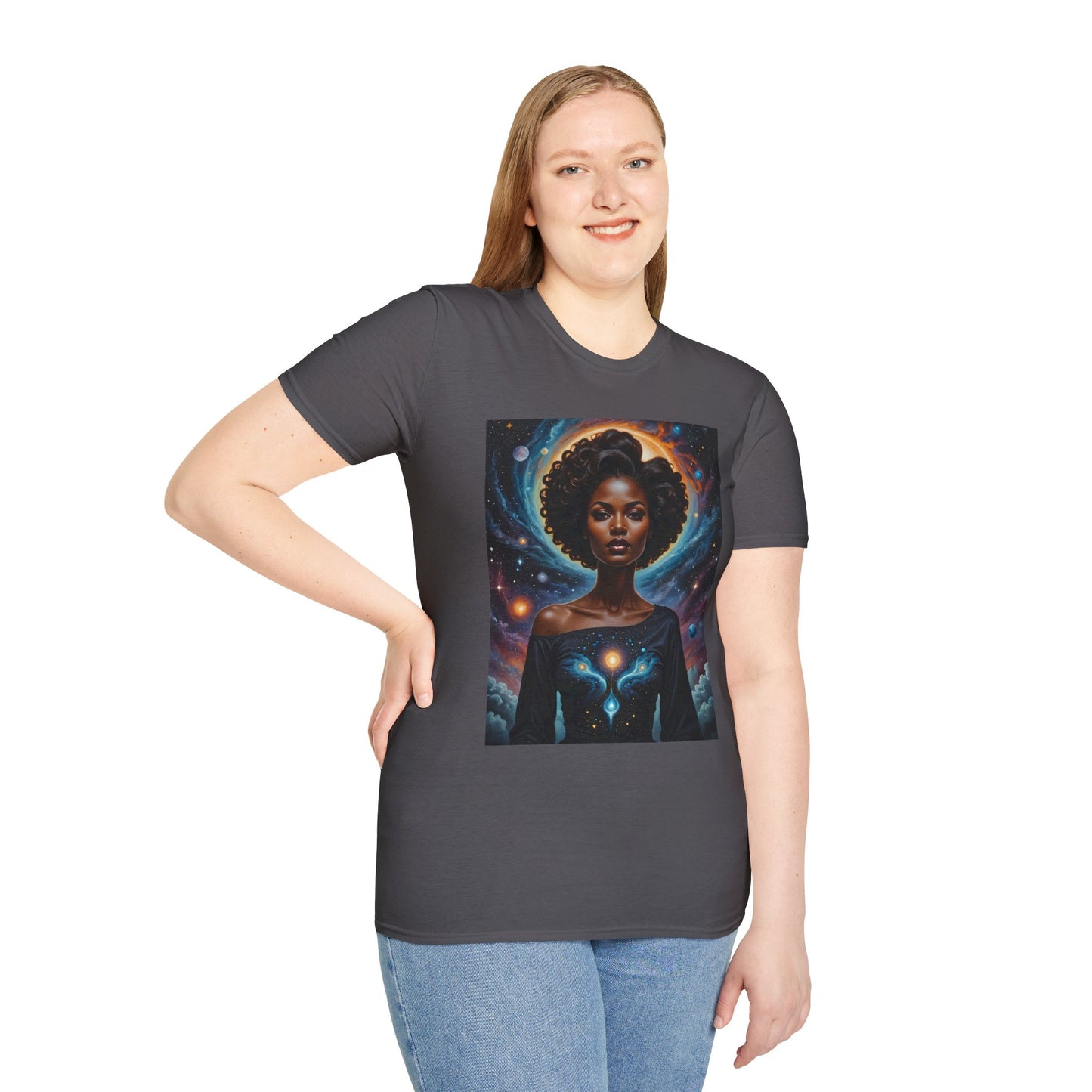 Afrofuturist Cosmic Energy T-Shirt – Celestial Power Graphic Tee, Spiritual Galaxy Shirt, Gift for Astrology Fans, Vibrant Universe Artwork