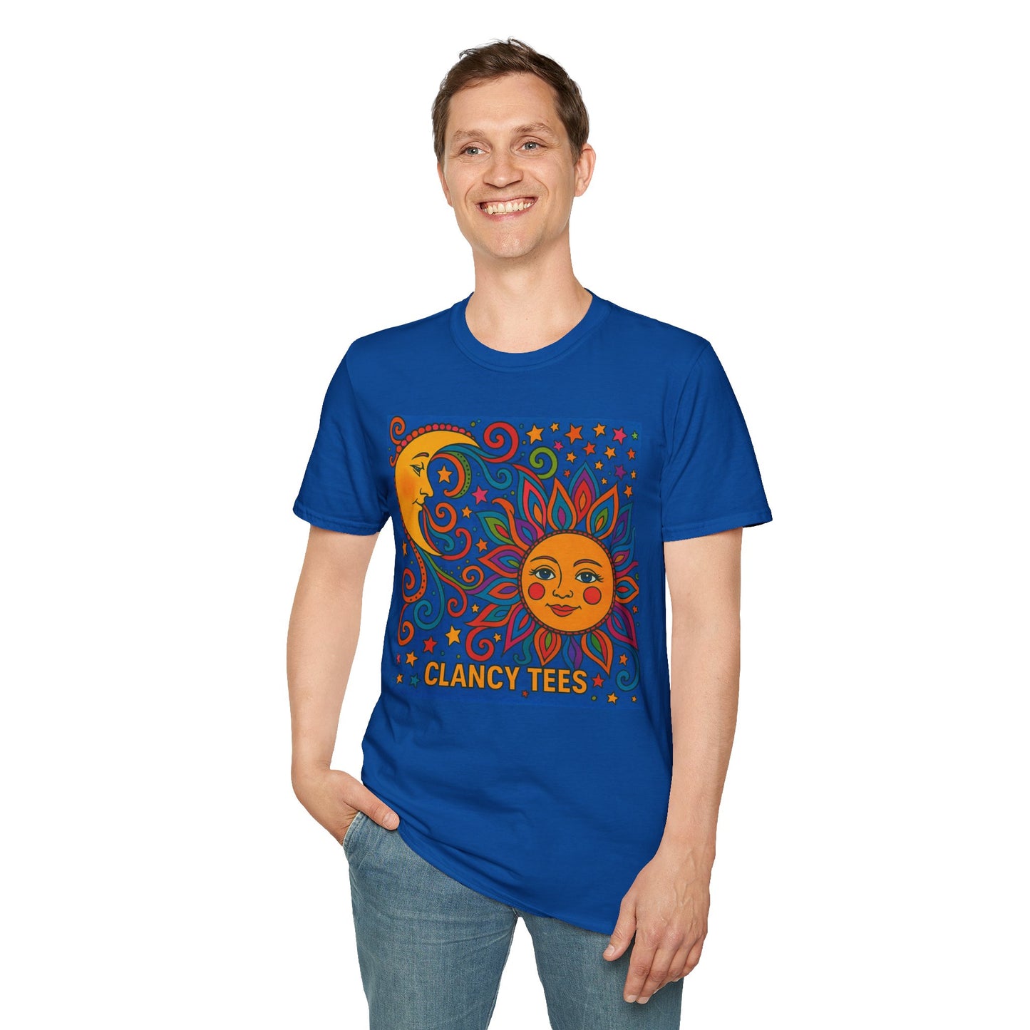 Sun and Moon Vibrant Tee, Unisex Softstyle T-Shirt for Summer Vibes, Boho Fashion, Gift for Her, Festival Wear, Casual Wear