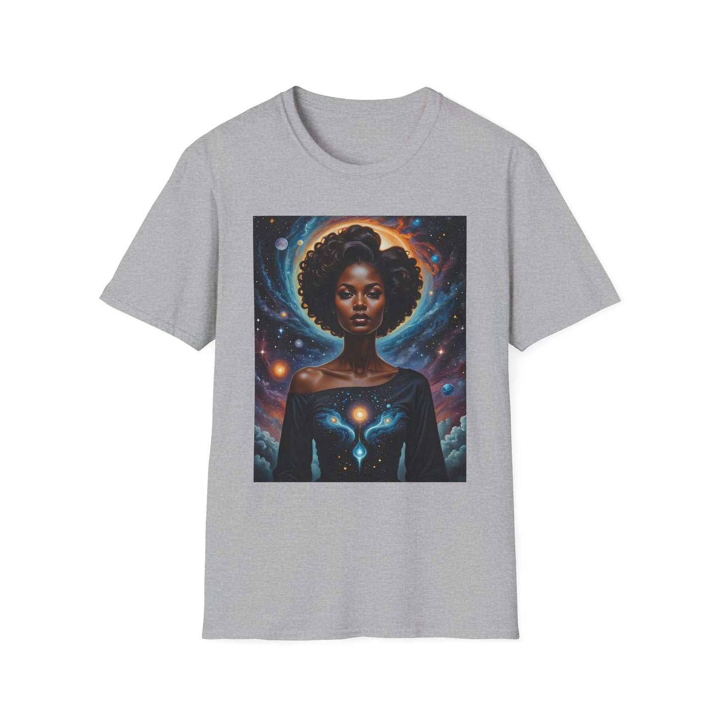 Afrofuturist Cosmic Energy T-Shirt – Celestial Power Graphic Tee, Spiritual Galaxy Shirt, Gift for Astrology Fans, Vibrant Universe Artwork