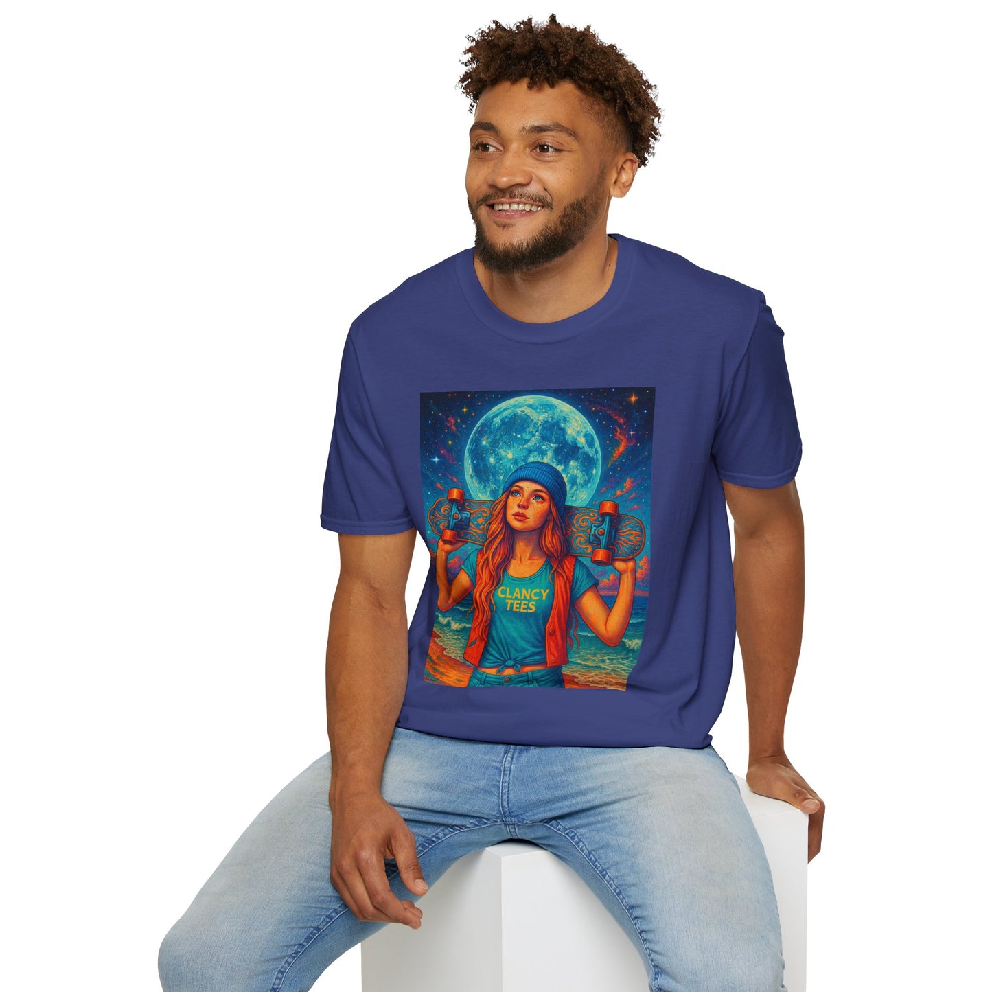 Bohemian Skater Girl Graphic Tee, Unisex T-Shirt with Moon & Nature Design, Perfect for Festivals, Gift for Nature Lovers, Summer Vibes, Casual Wear