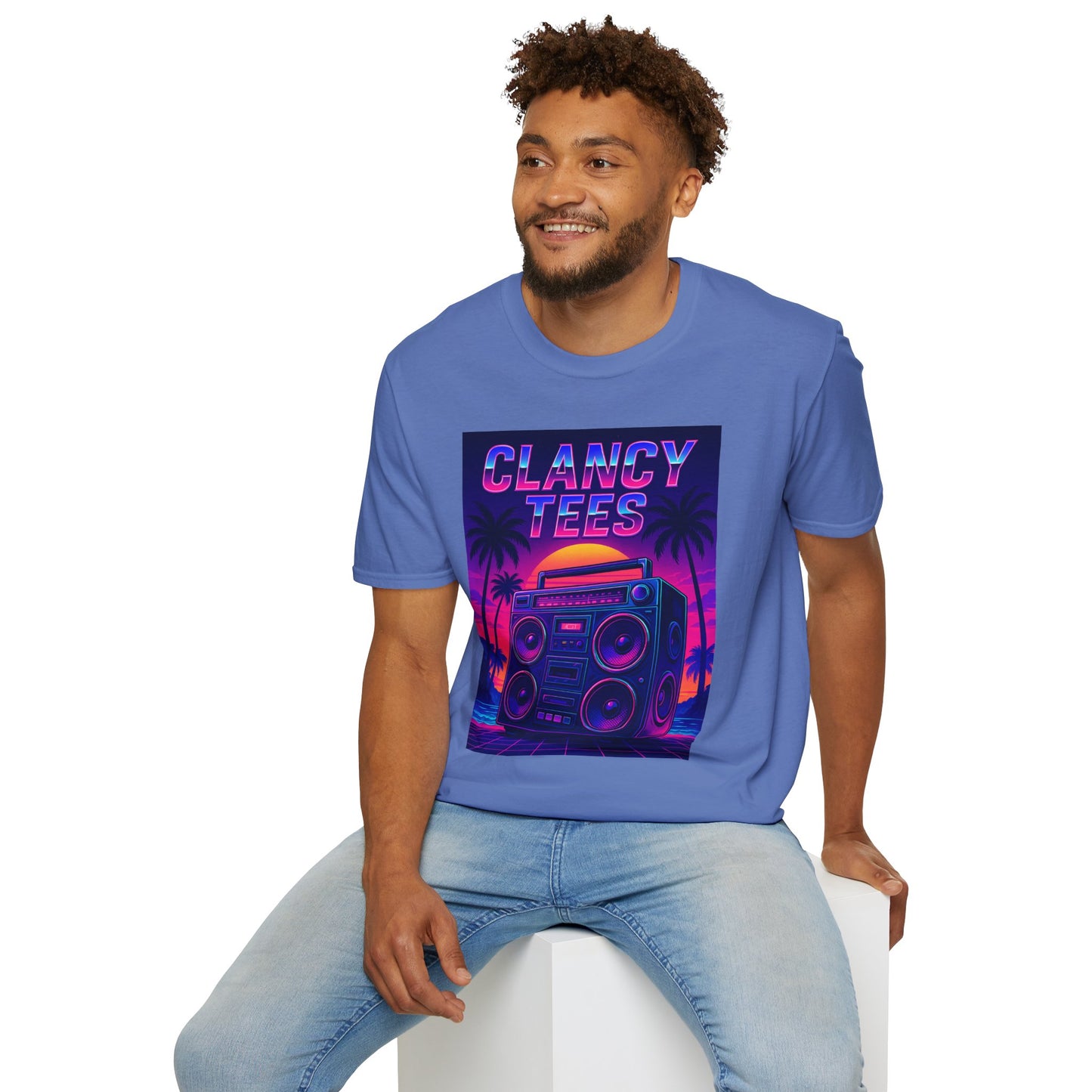 Retro Boombox Sunset Tee – Vaporwave Clancy Tees Shirt – Gift for 80s Kids, Music Lovers, Synthwave Fans & Nostalgic Neon Dreamers