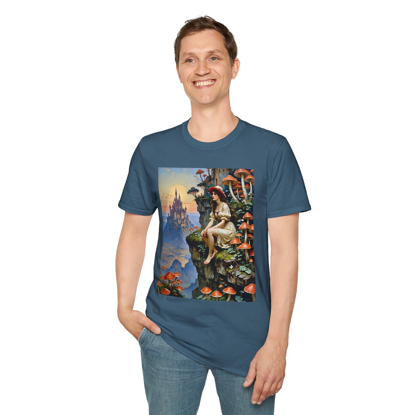 Fantasy Mushroom Fairy T-Shirt Enchanted Castle Cliffside Tee Surreal Magic Art Shirt Gift for Fantasy Fans Gift for Dreamers Psychedelic Nature Tee