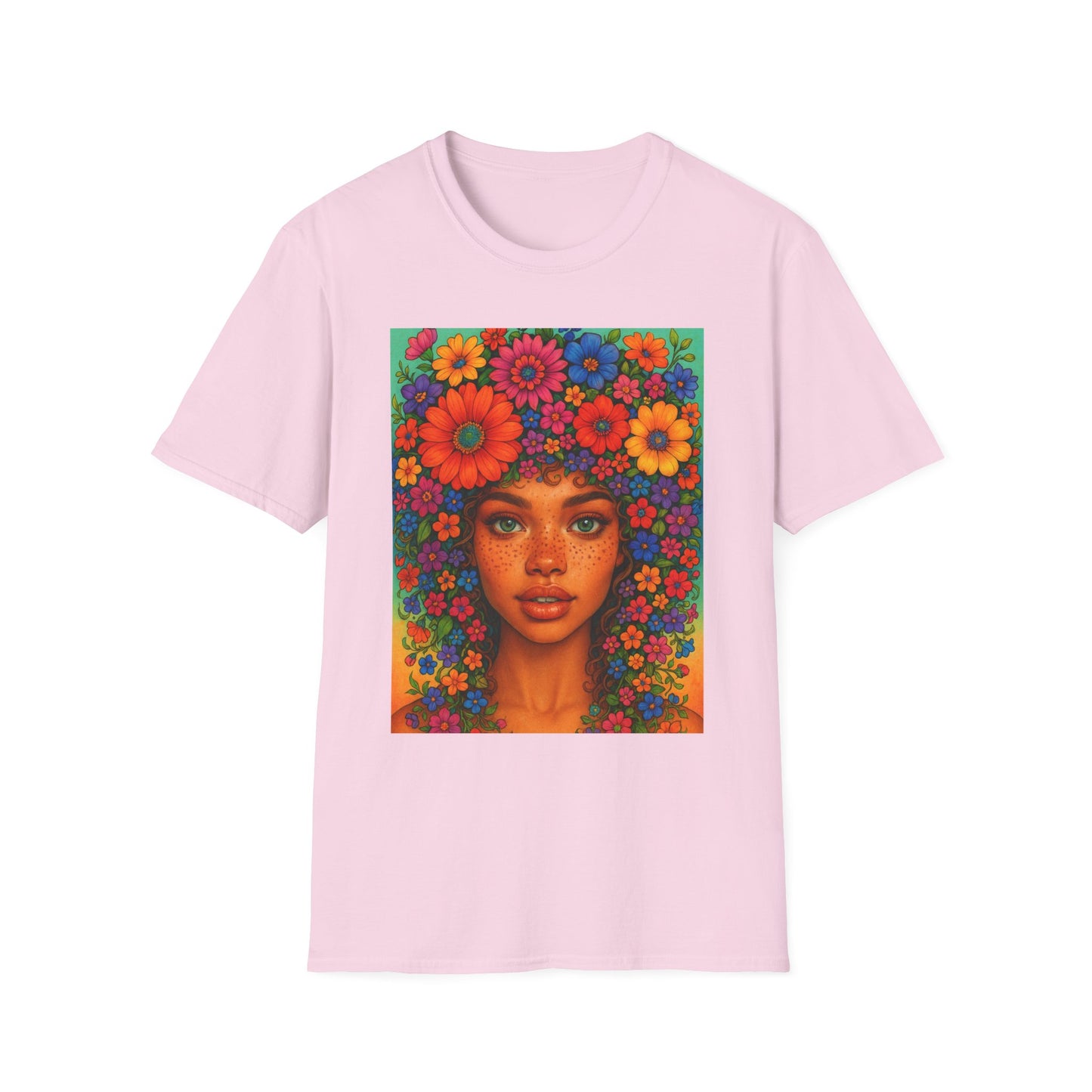 Flower Crown Woman T-Shirt – Afro Boho Floral Portrait Tee – Vibrant Art Shirt Gift for Nature Lovers, Hippies, Artists, and Bold Aesthetic Queens