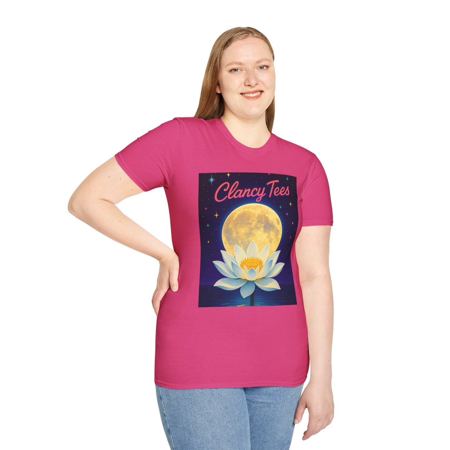 Moon Lotus Clancy Tees Shirt – Ethereal Floral T-Shirt with Full Moon Art – Gift for Nature Lovers, Yogis, Dreamers & Spiritual Aesthetic Fans