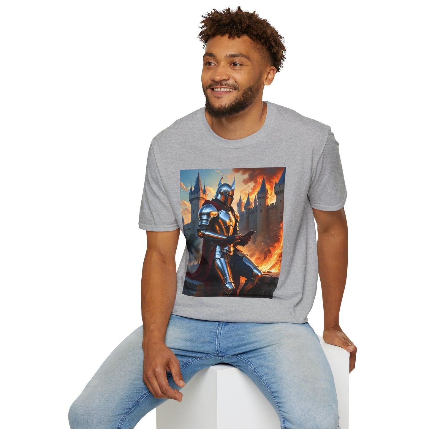 Knight in Burning Castle Shirt – Dark Fantasy Armor Tee – Gift for RPG Fans, Medieval Nerds, and Apocalyptic History Buffs