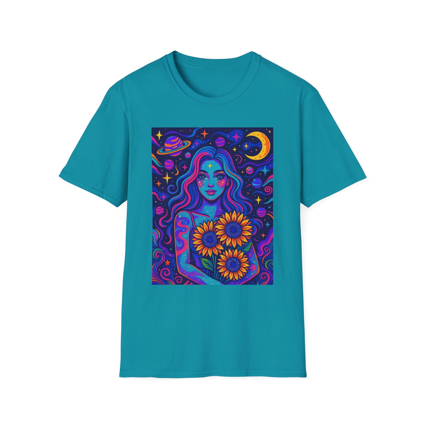 Psychedelic Sunflower Girl Shirt Trippy Space Goddess Tee Gift for Astrology Lovers Cosmic Art T Shirt for Hippies Star Gazers and Moon Magic Fans
