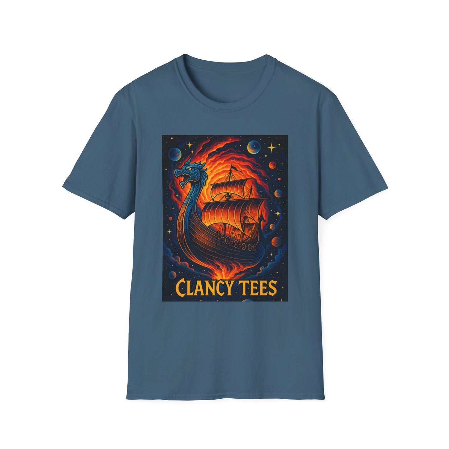 Viking Ship Dragon Shirt – Trippy Norse Mythology Tee with Fiery Cosmic Art – Bold Fantasy Graphic – Gift for Myth Lovers and Warrior Souls