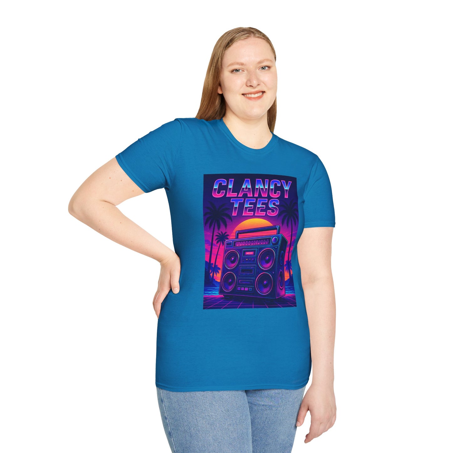 Retro Boombox Sunset Tee – Vaporwave Clancy Tees Shirt – Gift for 80s Kids, Music Lovers, Synthwave Fans & Nostalgic Neon Dreamers