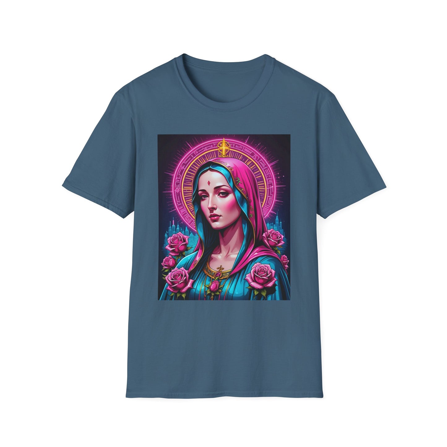 Religious Graphic Tee - Vibrant Mary Artwork, Gift for Devotees, Floral Design Shirt, Faith-Inspired Apparel, Everyday Wear
