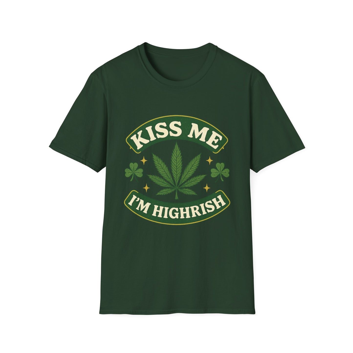 Kiss Me I’m Highrish Shirt – Funny Weed St. Patrick’s Day Tee – Cannabis Leaf Irish Parody Shirt – Gift for Stoner Friends and Green Beer Fans
