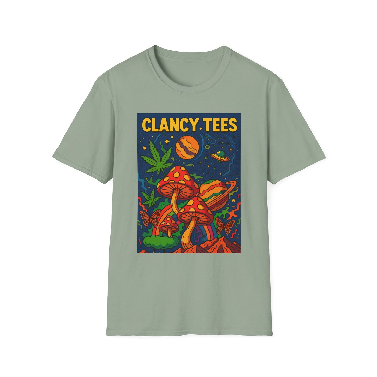 Trippy Mushroom Graphic T Shirt Psychedelic Space Art Tee Cosmic Fungi Illustration Unisex Softstyle Gift for Stoner Friends Gift for Psychedelic Fans