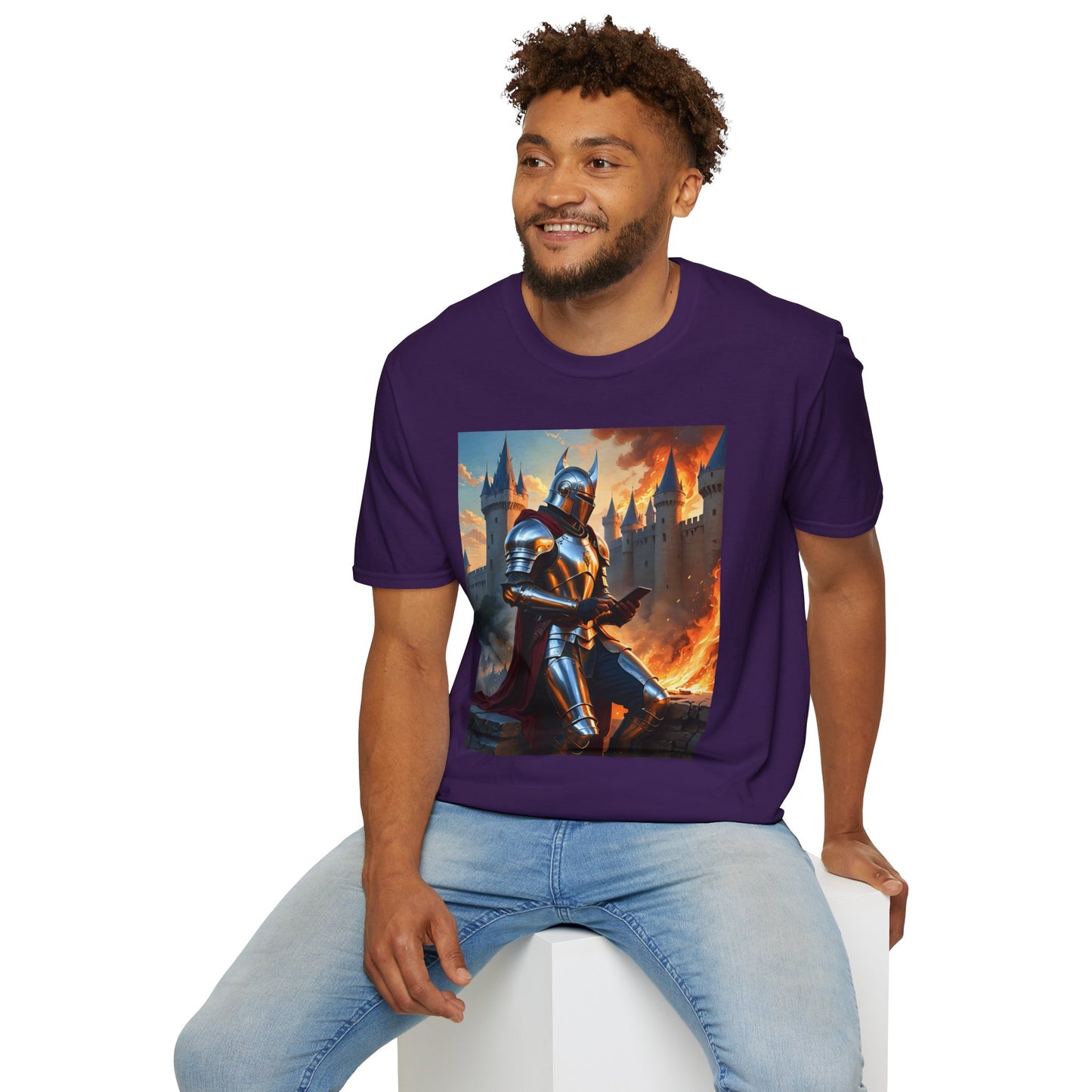 Knight in Burning Castle Shirt – Dark Fantasy Armor Tee – Gift for RPG Fans, Medieval Nerds, and Apocalyptic History Buffs