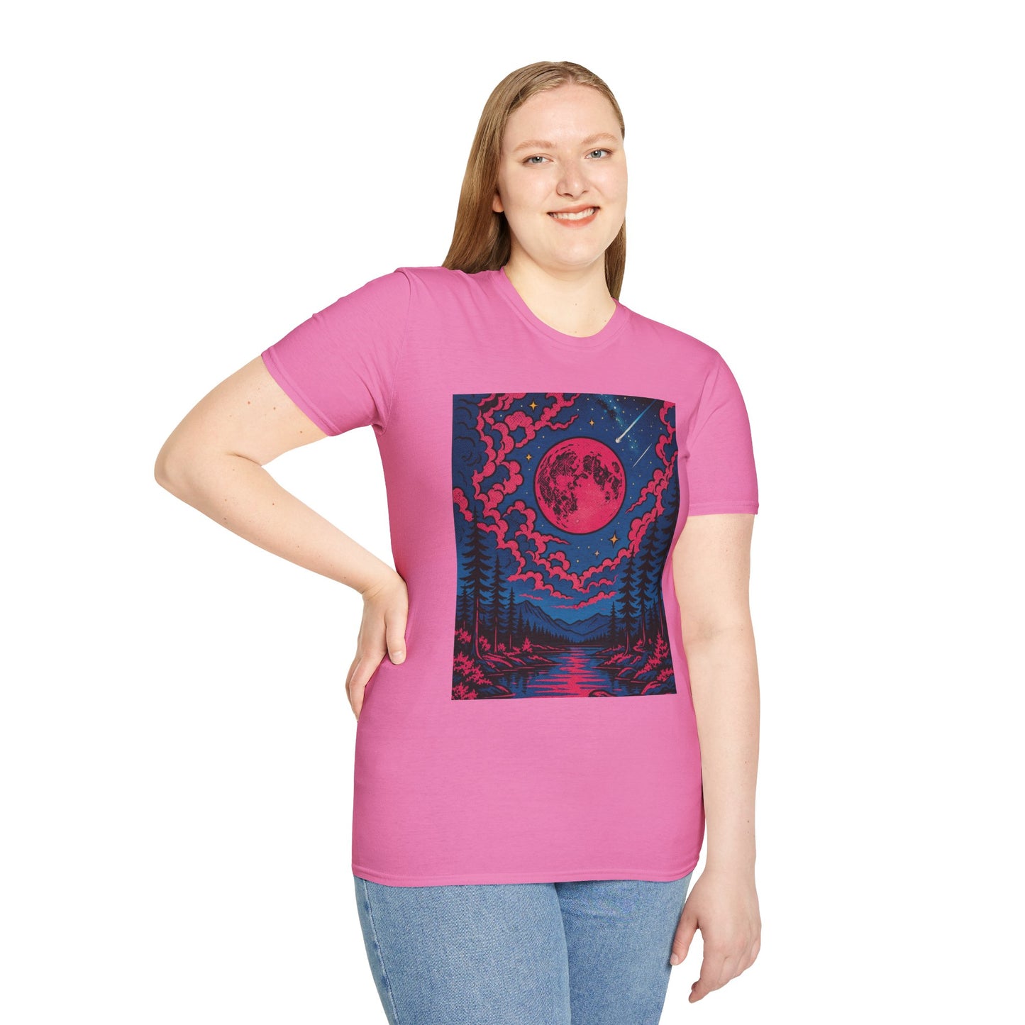 Trippy Red Moon Forest T-Shirt – Surreal Nature Graphic Tee • Psychedelic Night Sky Shirt • Gildan Softstyle® Unisex • Gift for Nature Lovers