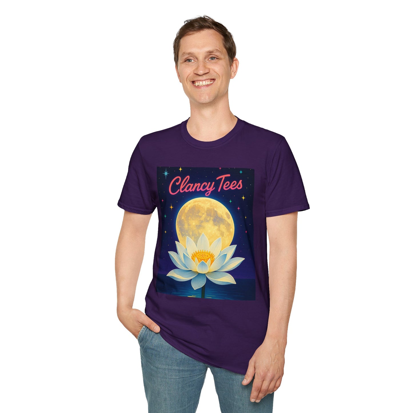 Moon Lotus Clancy Tees Shirt – Ethereal Floral T-Shirt with Full Moon Art – Gift for Nature Lovers, Yogis, Dreamers & Spiritual Aesthetic Fans
