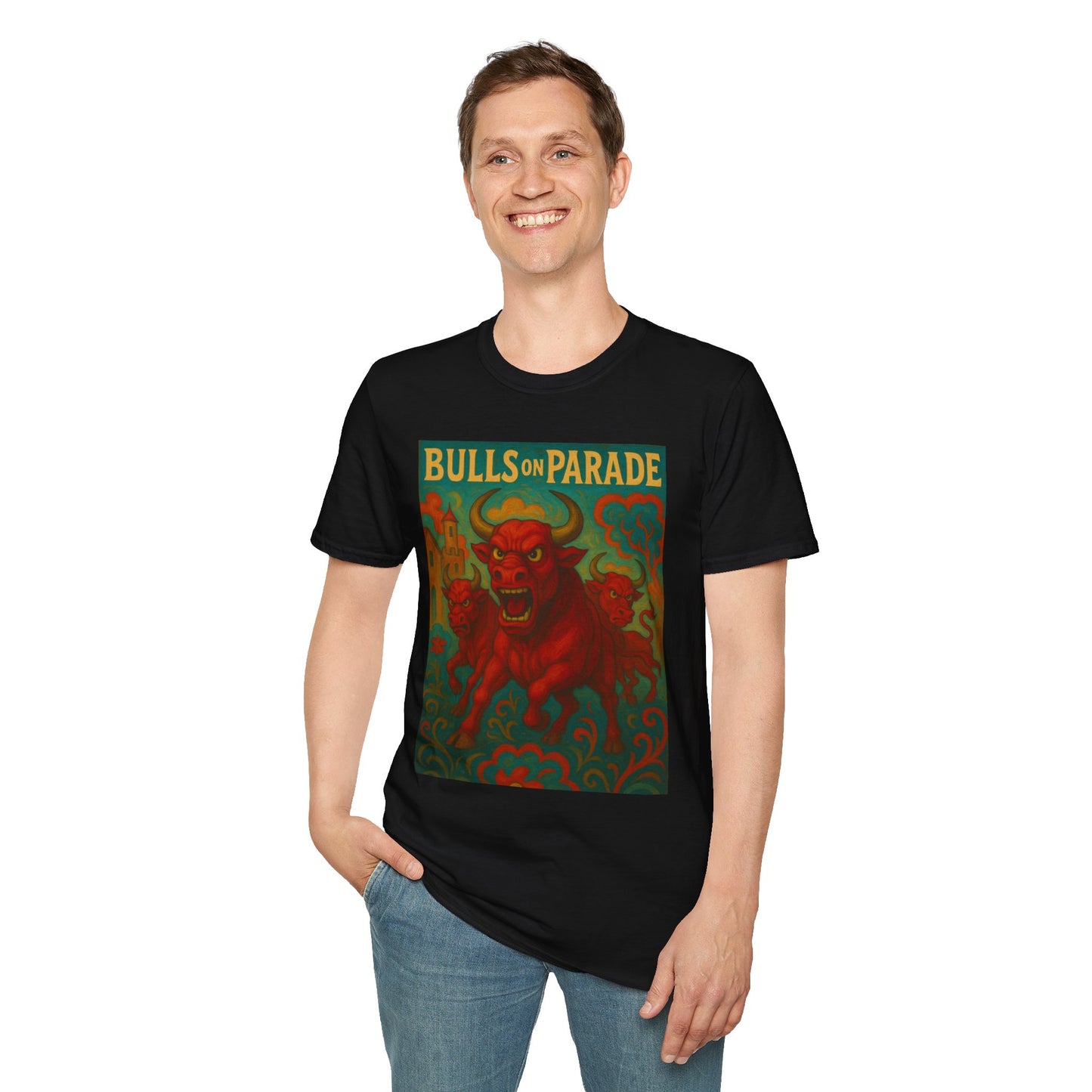 Bulls on Parade Shirt – Psychedelic Rage-Inspired Bull Graphic Tee • Gildan Softstyle® Unisex • Protest Art T-Shirt • Gift for Rage Fans
