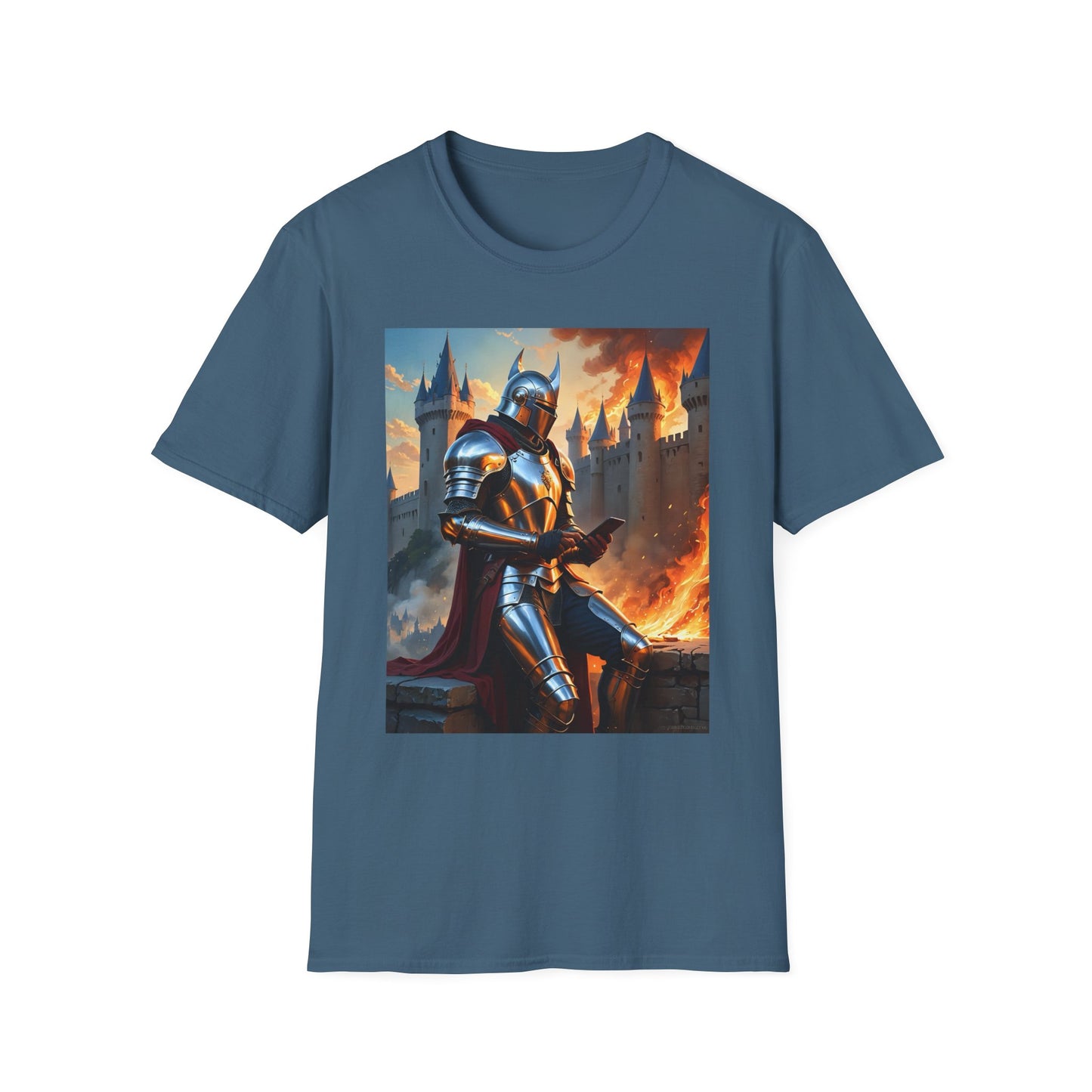 Knight in Burning Castle Shirt – Dark Fantasy Armor Tee – Gift for RPG Fans, Medieval Nerds, and Apocalyptic History Buffs