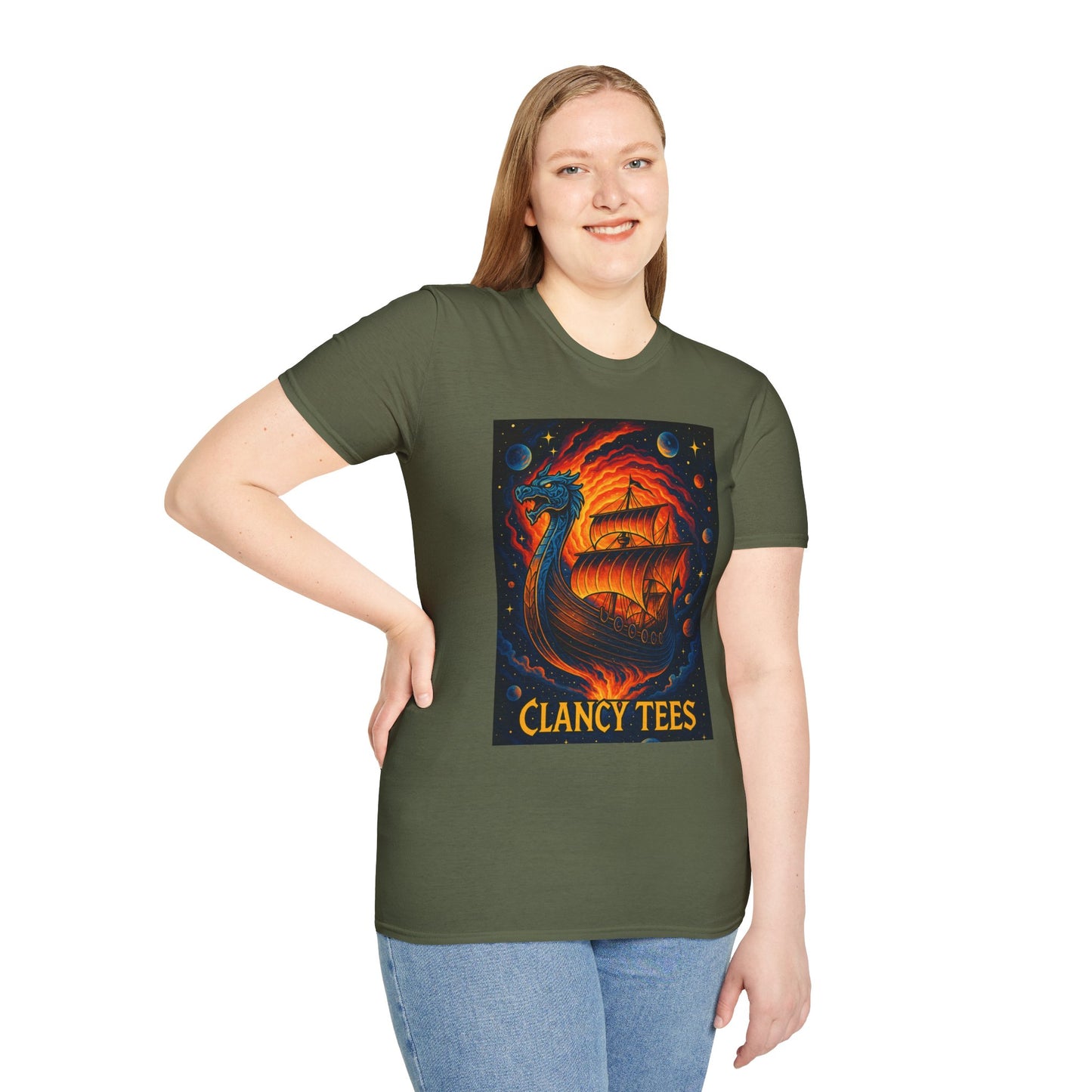 Viking Ship Dragon Shirt – Trippy Norse Mythology Tee with Fiery Cosmic Art – Bold Fantasy Graphic – Gift for Myth Lovers and Warrior Souls