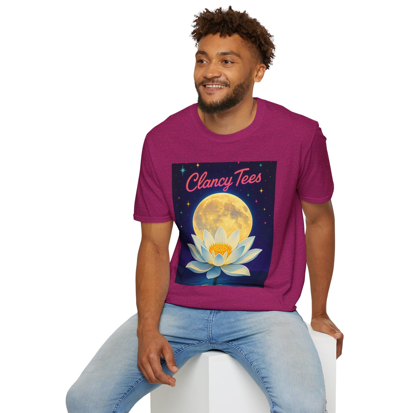 Moon Lotus Clancy Tees Shirt – Ethereal Floral T-Shirt with Full Moon Art – Gift for Nature Lovers, Yogis, Dreamers & Spiritual Aesthetic Fans