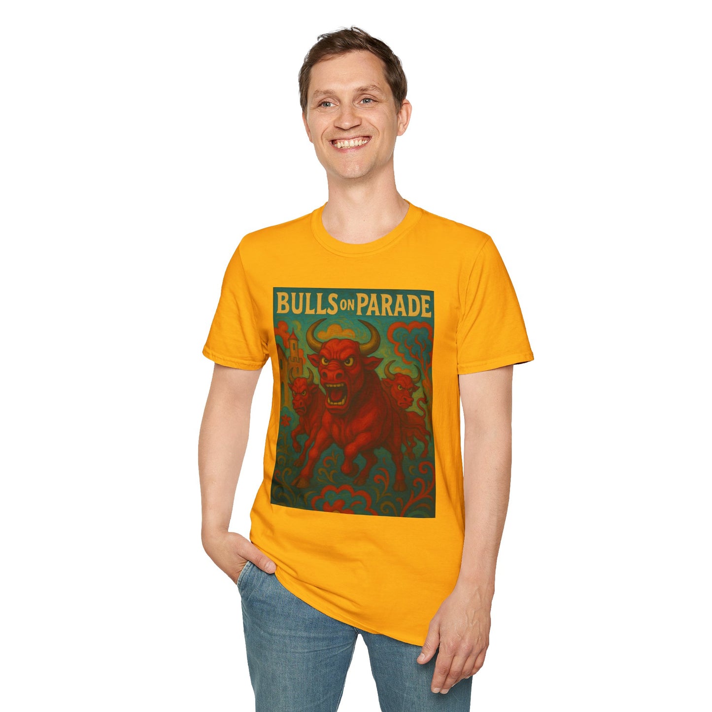 Bulls on Parade Shirt – Psychedelic Rage-Inspired Bull Graphic Tee • Gildan Softstyle® Unisex • Protest Art T-Shirt • Gift for Rage Fans