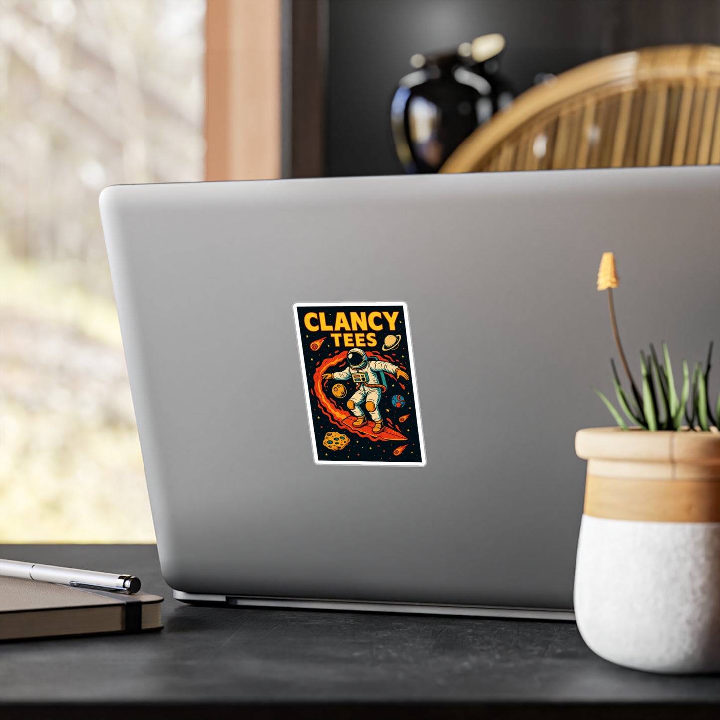 ClancyTees Astronaut Surfer Sticker – Kiss Cut Vinyl Decal, Space Artwork, Retro Sci Fi Aesthetic, Gift for Cosmic Dreamers