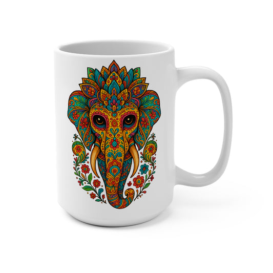 Bohemian Elephant Mug – Psychedelic Tribal Coffee Cup With Mandala Art, Spiritual Jungle Drinkware, Gift for Yoga and Meditation Fans