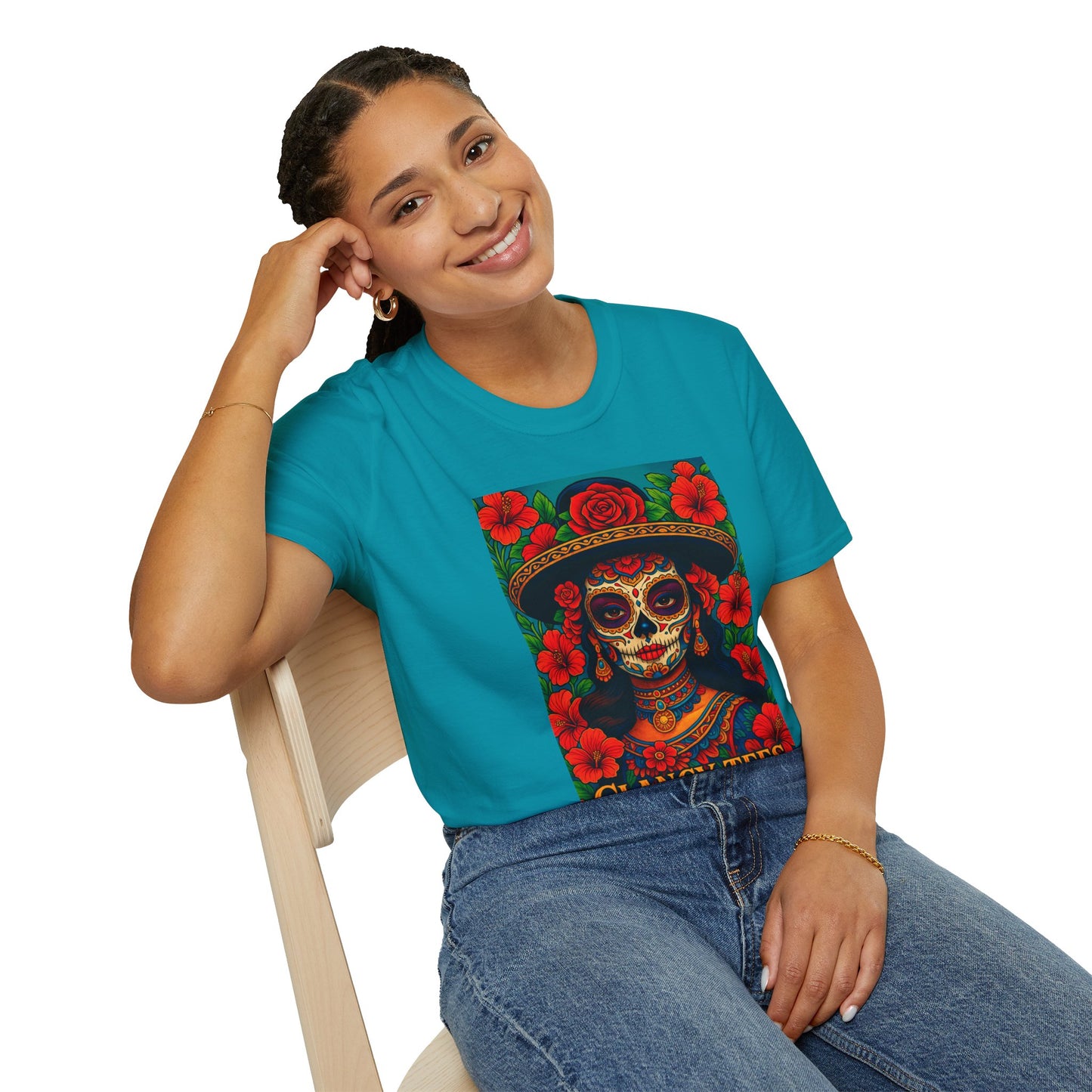 Colorful Sugar Skull T-Shirt, Day of the Dead Tee, Unique Graphic Shirt, Festival Apparel, Gift for Halloween, Unisex Softstyle Tee