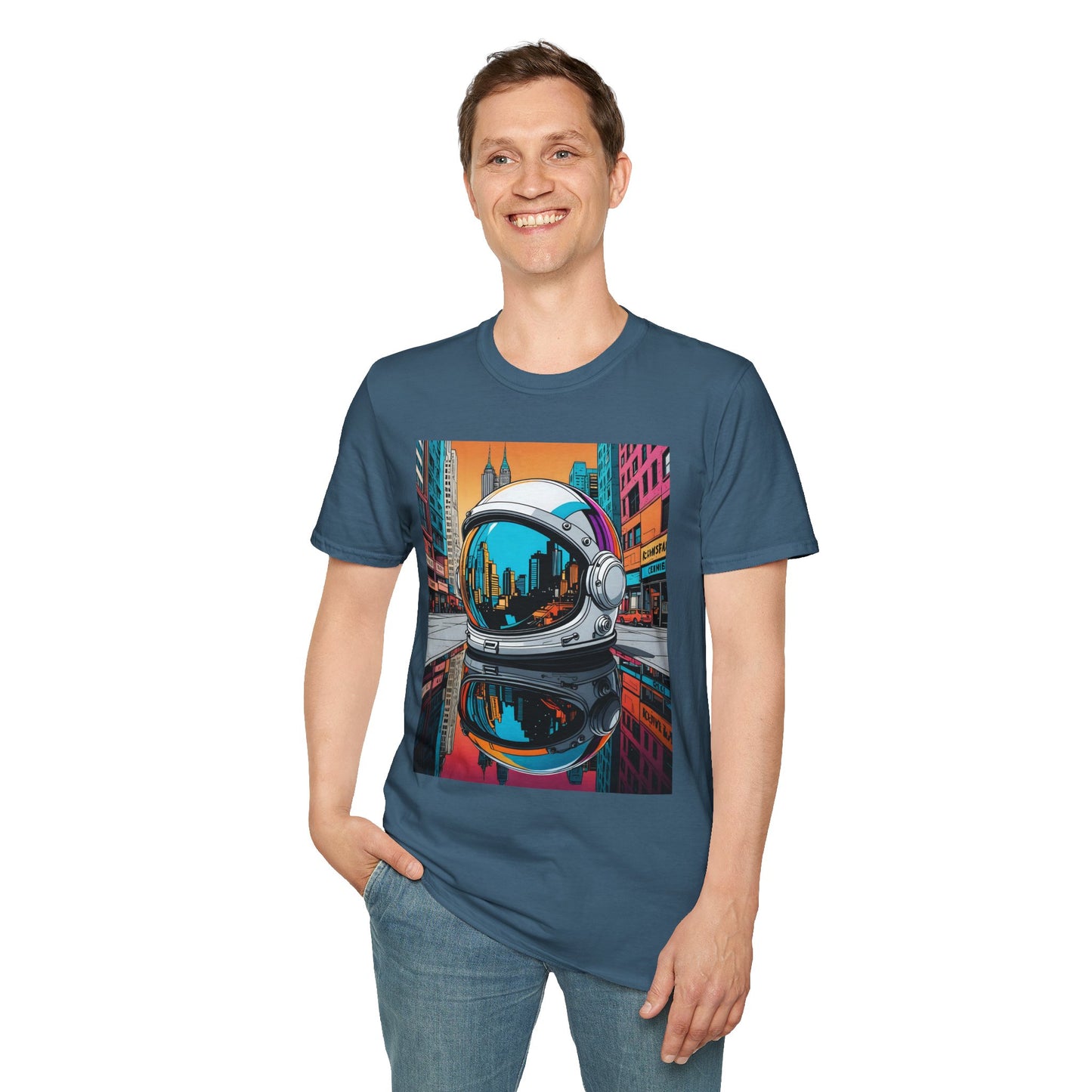 City Astronaut Reflection T-Shirt – Urban Space Art Tee – Gift for Sci-Fi Fans, Streetwear Addicts, and Cosmic Daydreamers