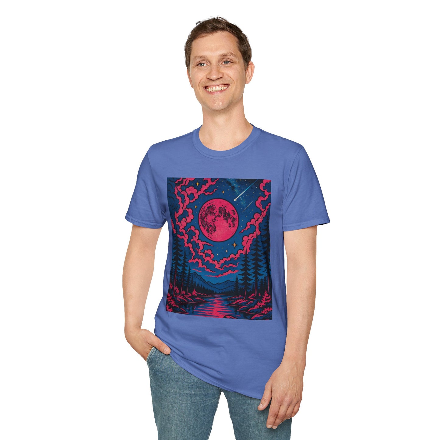 Trippy Red Moon Forest T-Shirt – Surreal Nature Graphic Tee • Psychedelic Night Sky Shirt • Gildan Softstyle® Unisex • Gift for Nature Lovers