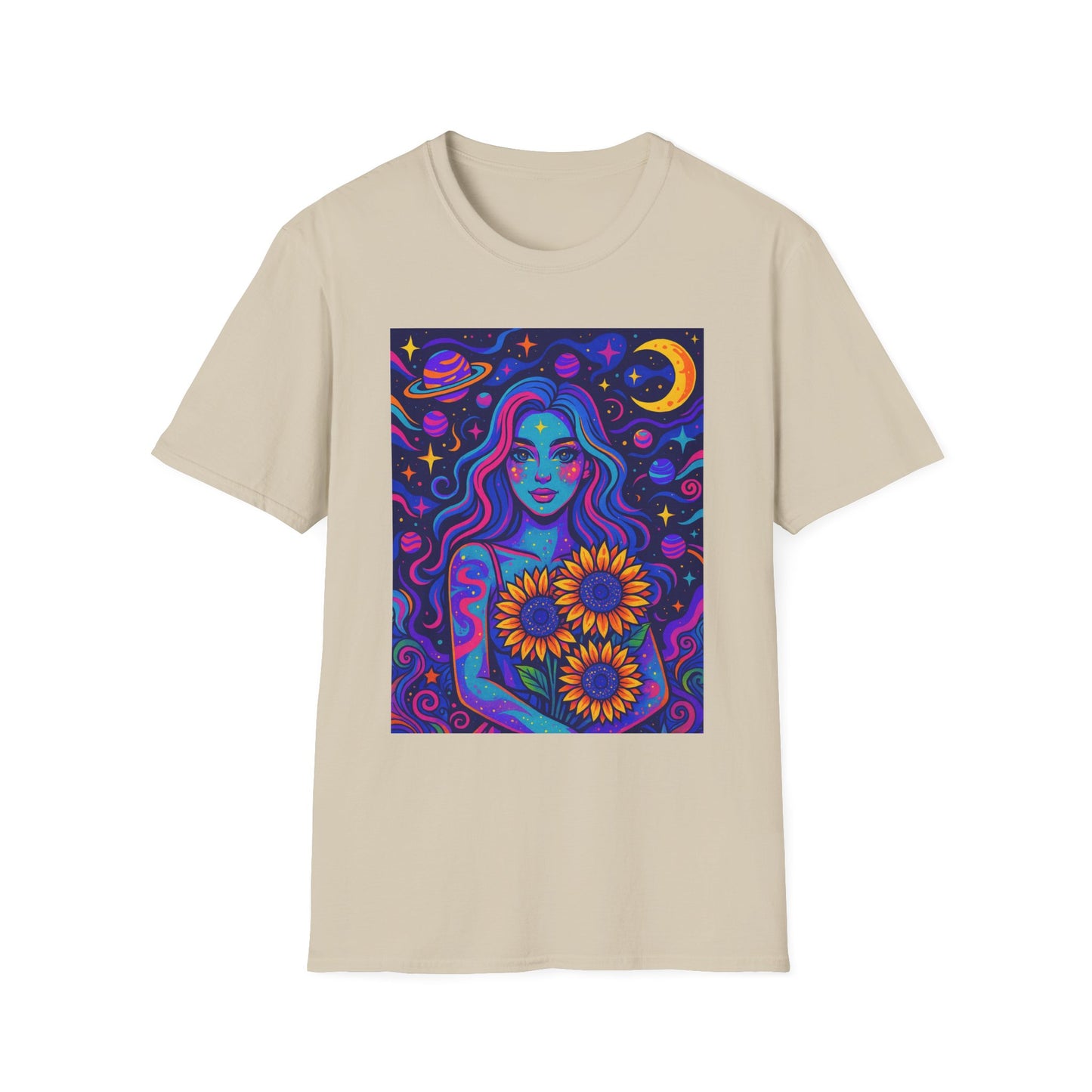 Psychedelic Sunflower Girl Shirt Trippy Space Goddess Tee Gift for Astrology Lovers Cosmic Art T Shirt for Hippies Star Gazers and Moon Magic Fans