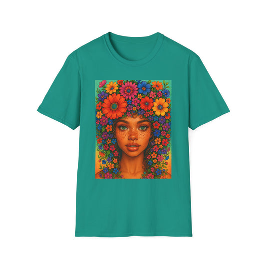 Flower Crown Woman T-Shirt – Afro Boho Floral Portrait Tee – Vibrant Art Shirt Gift for Nature Lovers, Hippies, Artists, and Bold Aesthetic Queens
