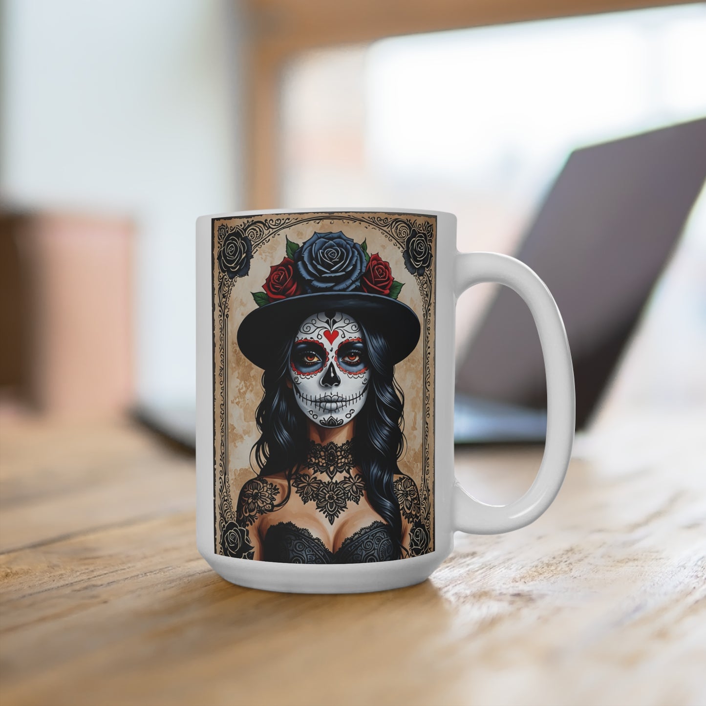 Gothic Day Of The Dead Mug – Sugar Skull Woman Coffee Cup With Roses And Hat, Dia De Los Muertos Artwork, Gift For Dark Art Fans