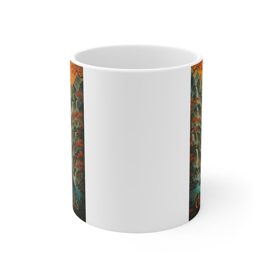 Ancient Warrior Ceramic Mug 11oz – Samurai Artwork Coffee Cup, Mythical Asian Mountain Design, Gift for History Lovers