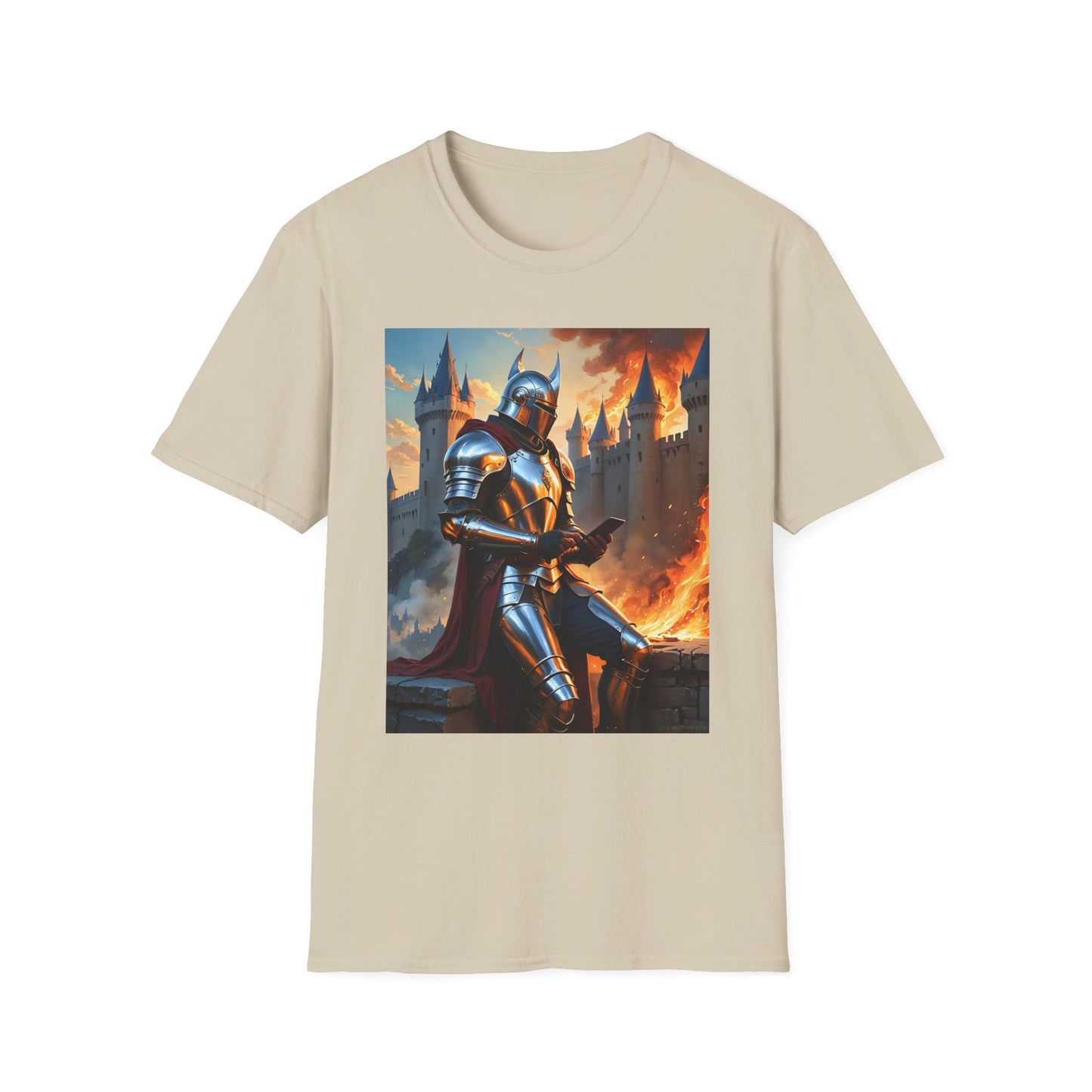 Knight in Burning Castle Shirt – Dark Fantasy Armor Tee – Gift for RPG Fans, Medieval Nerds, and Apocalyptic History Buffs