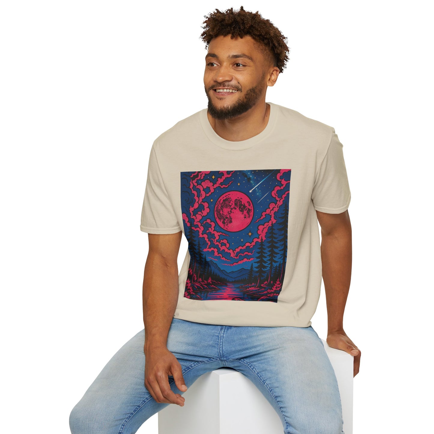Trippy Red Moon Forest T-Shirt – Surreal Nature Graphic Tee • Psychedelic Night Sky Shirt • Gildan Softstyle® Unisex • Gift for Nature Lovers