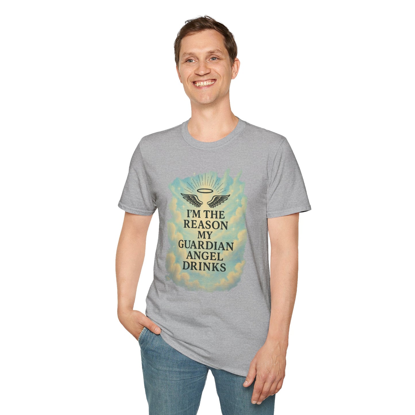 Unisex Softstyle T-Shirt, Funny Guardian Angel Tee, Unique Gift for Friends, Humor Shirt, Casual Wear, Perfect for Holidays