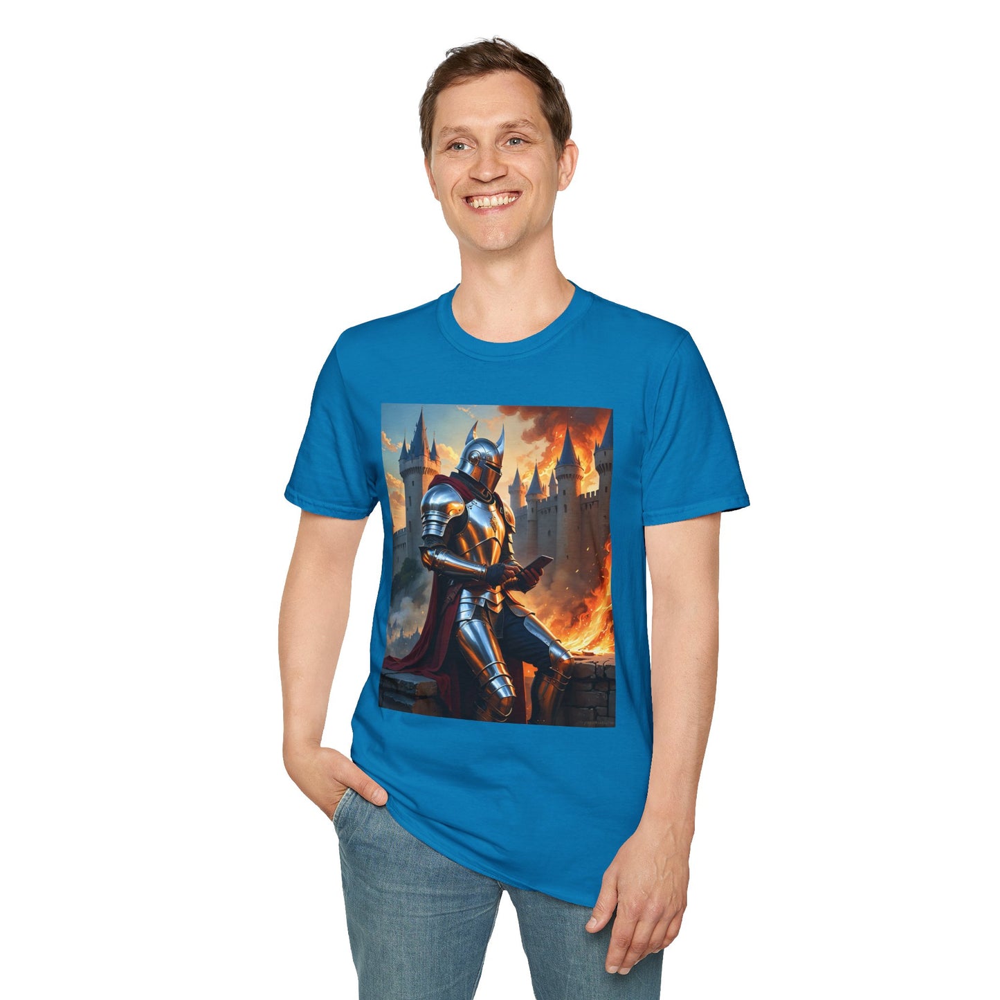 Knight in Burning Castle Shirt – Dark Fantasy Armor Tee – Gift for RPG Fans, Medieval Nerds, and Apocalyptic History Buffs