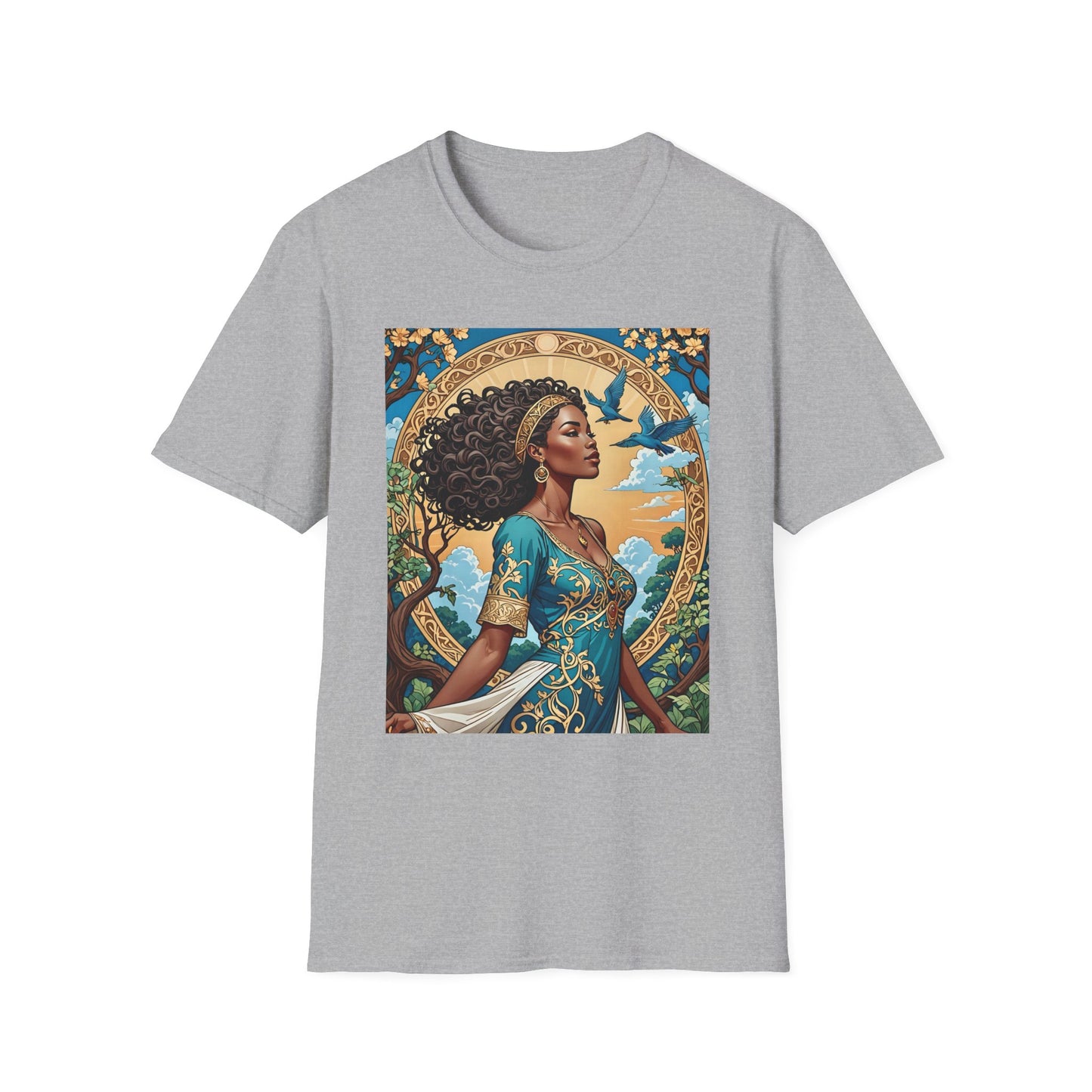 Bohemian Goddess T-Shirt, Unisex Softstyle Tee, Nature-Inspired Apparel, Gift for Women, Artistic Graphic Shirt, Eco-Friendly Fashion