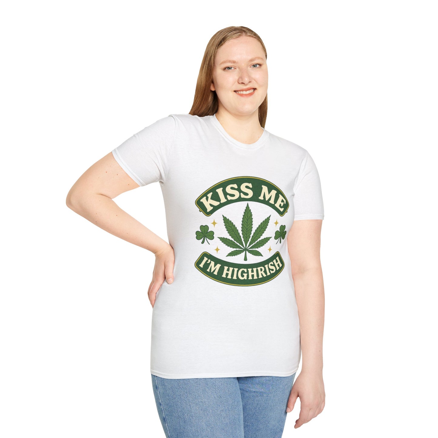 Kiss Me I’m Highrish Shirt – Funny Weed St. Patrick’s Day Tee – Cannabis Leaf Irish Parody Shirt – Gift for Stoner Friends and Green Beer Fans