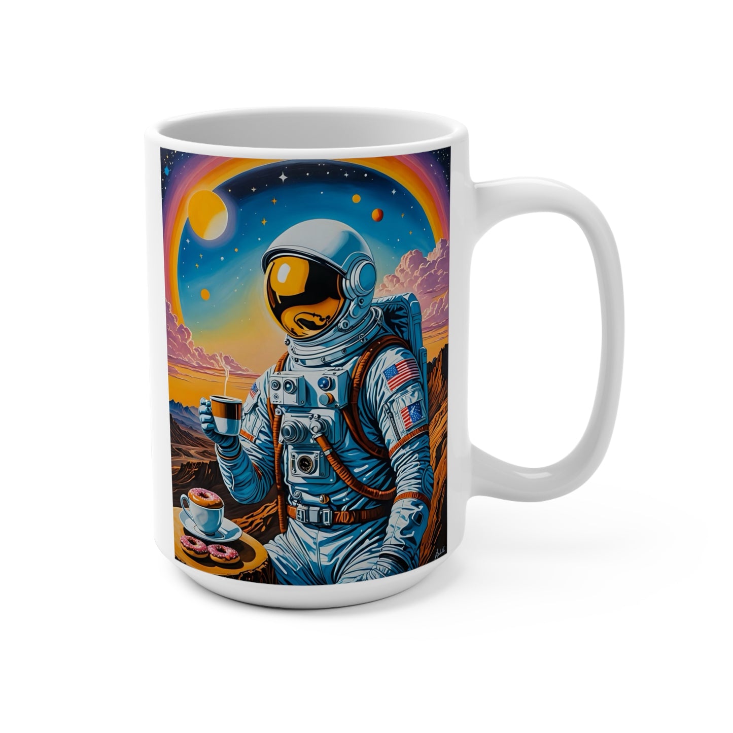 Space Donut Astronaut Mug Funny Cosmic Artwork Ceramic Coffee Cup Gift for Sci Fi Fans