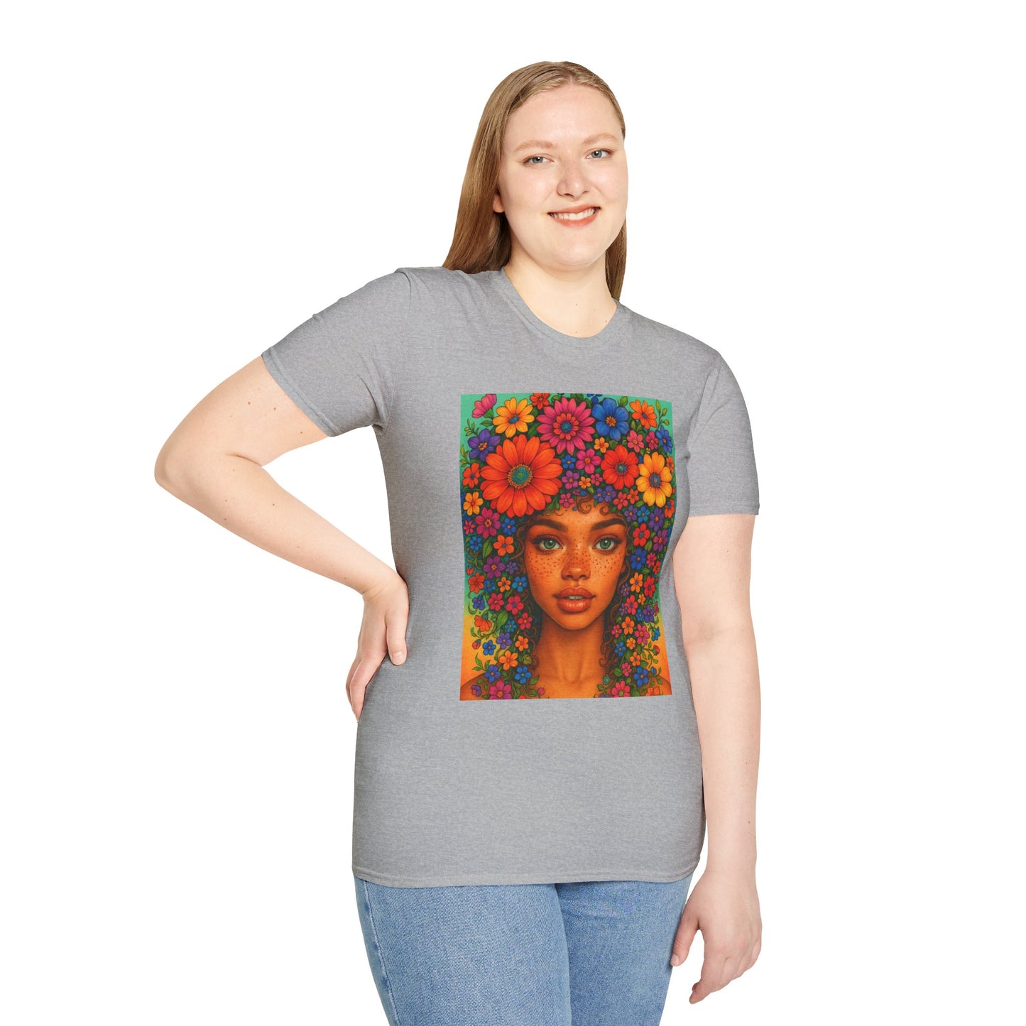 Flower Crown Woman T-Shirt – Afro Boho Floral Portrait Tee – Vibrant Art Shirt Gift for Nature Lovers, Hippies, Artists, and Bold Aesthetic Queens