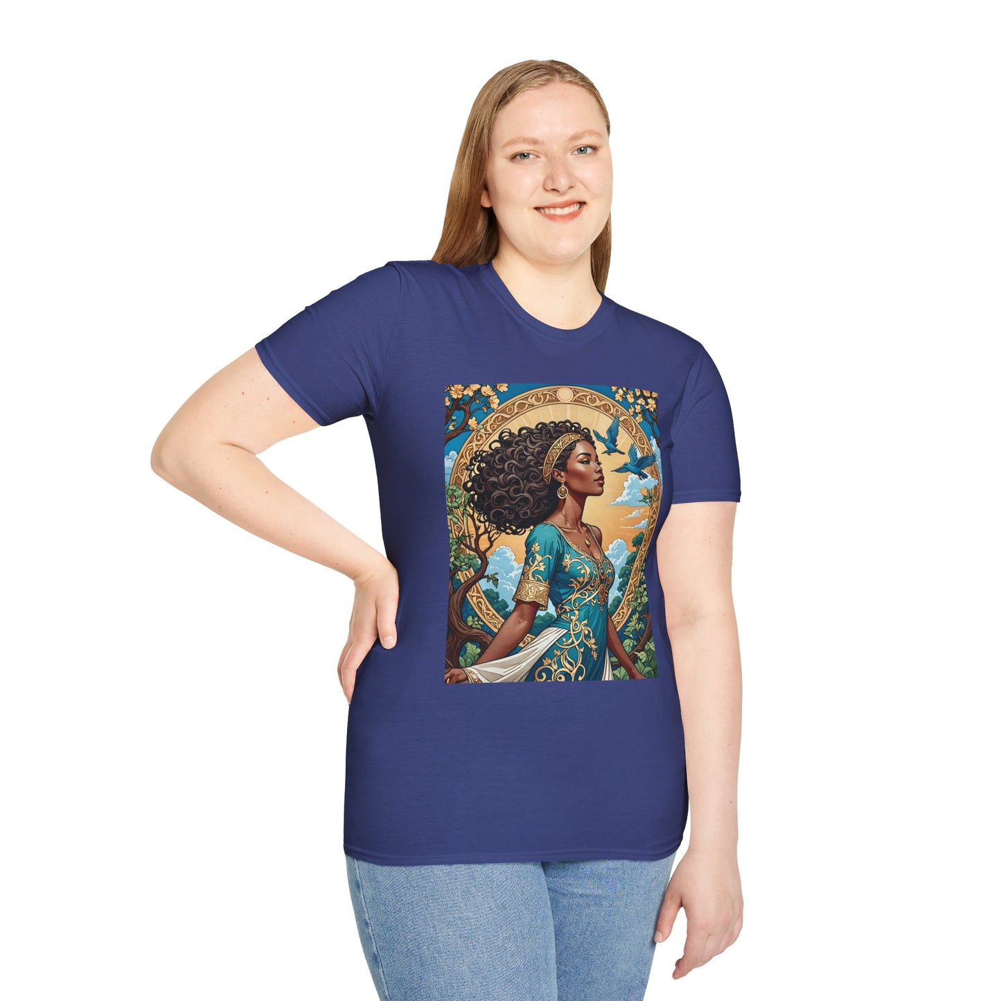 Bohemian Goddess T-Shirt, Unisex Softstyle Tee, Nature-Inspired Apparel, Gift for Women, Artistic Graphic Shirt, Eco-Friendly Fashion